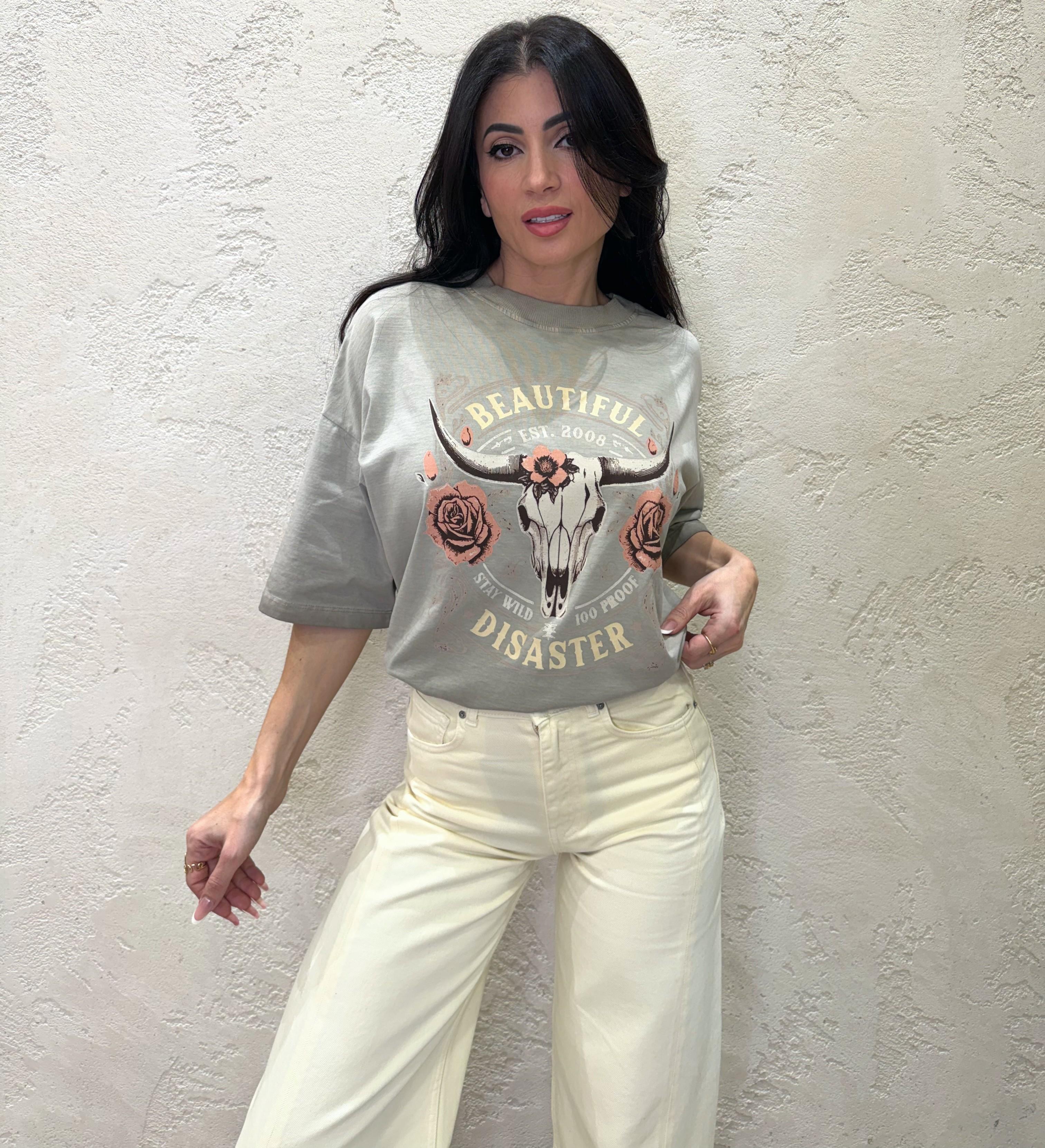 t-shirt stone washed con stampa bufalo FFW-Q007 SABBIA HAVEONE 