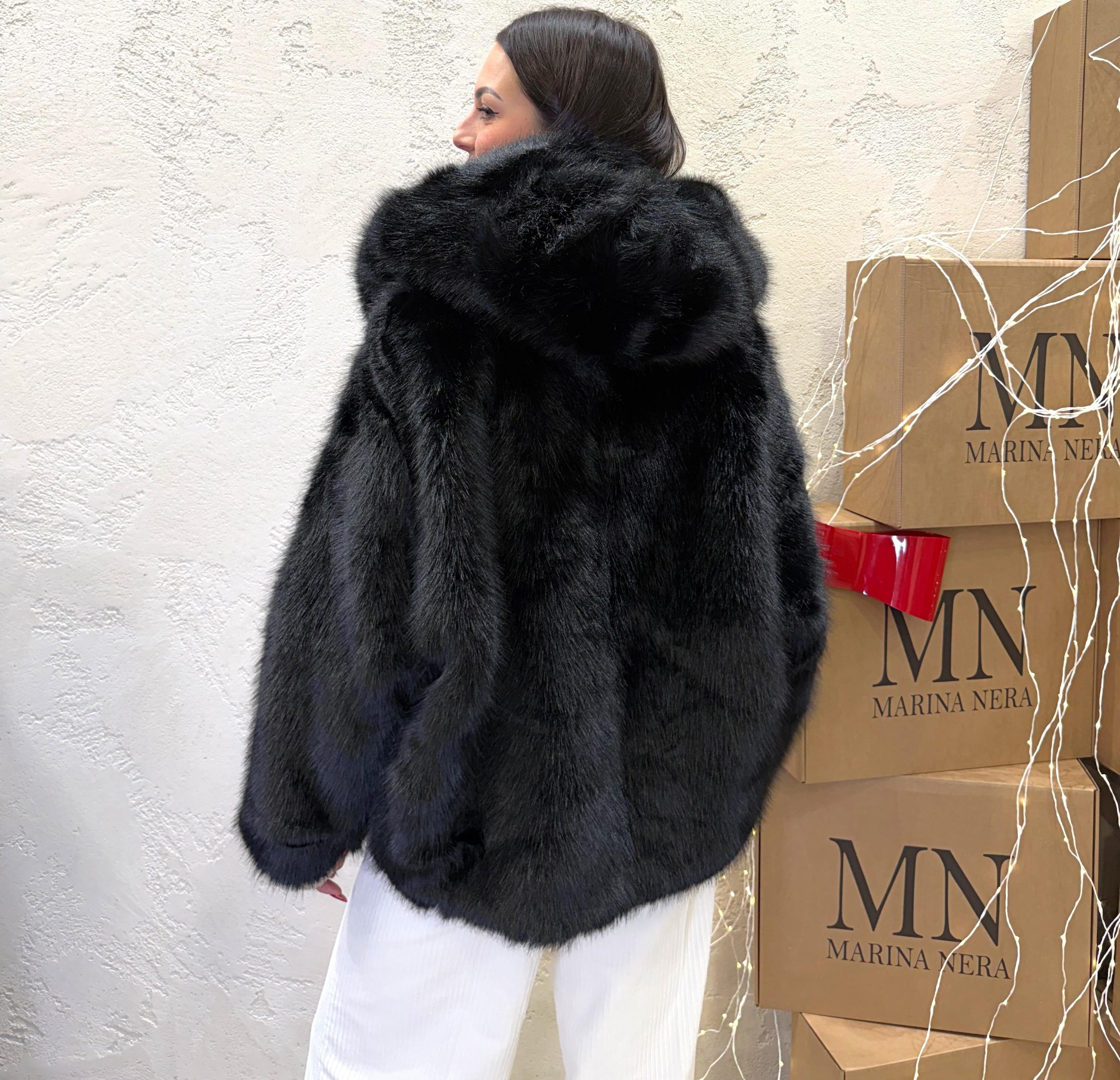 pelliccia con collo a rever e cappuccio PREVCAP NERO ELEVI 