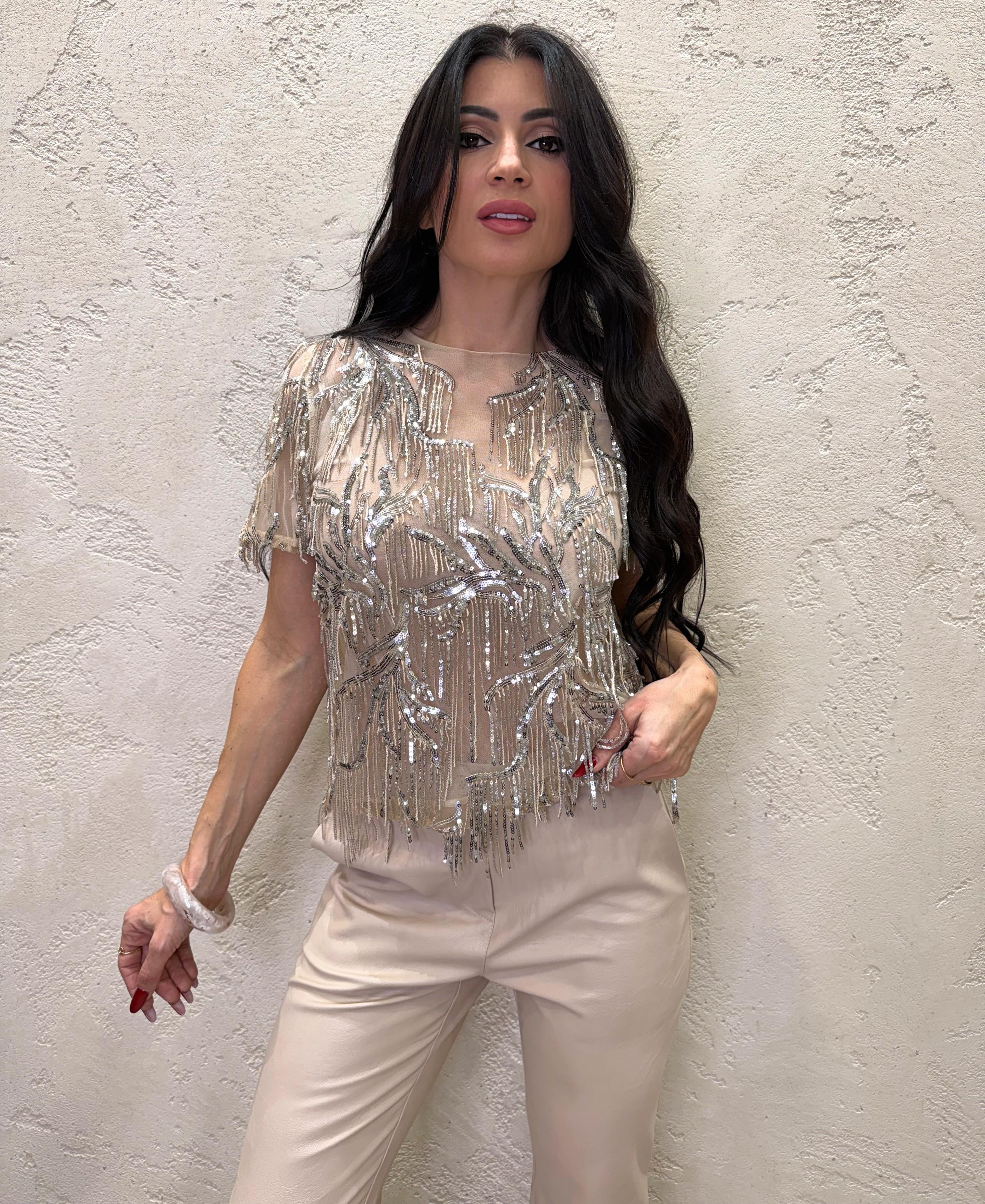 Blusa manica corta con frange in pailettes W25TC47 BURRO MOTEL 