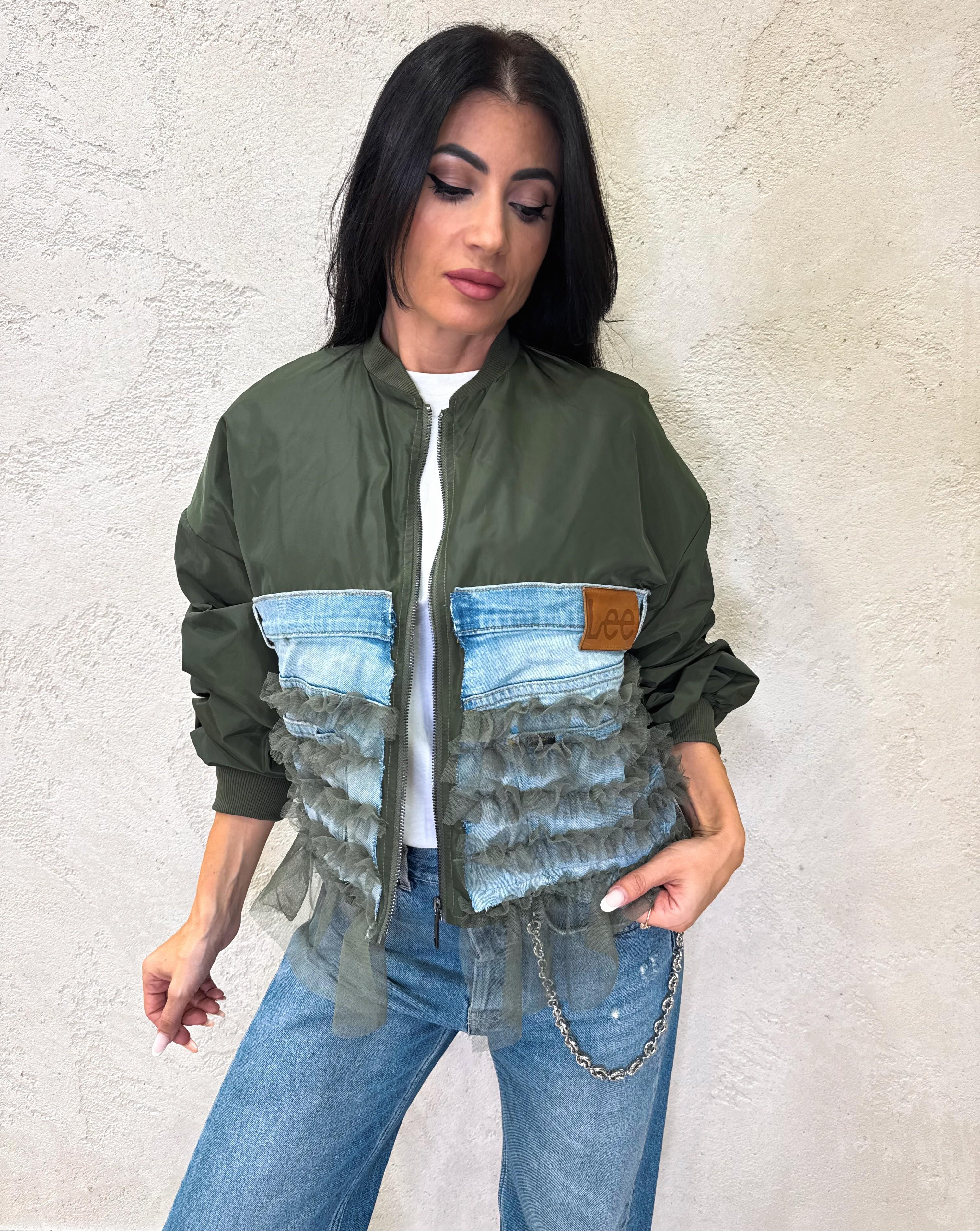 bomber in nylon con inserti denim e tulle S2774 VERDE MILITARE SUSY MIX 