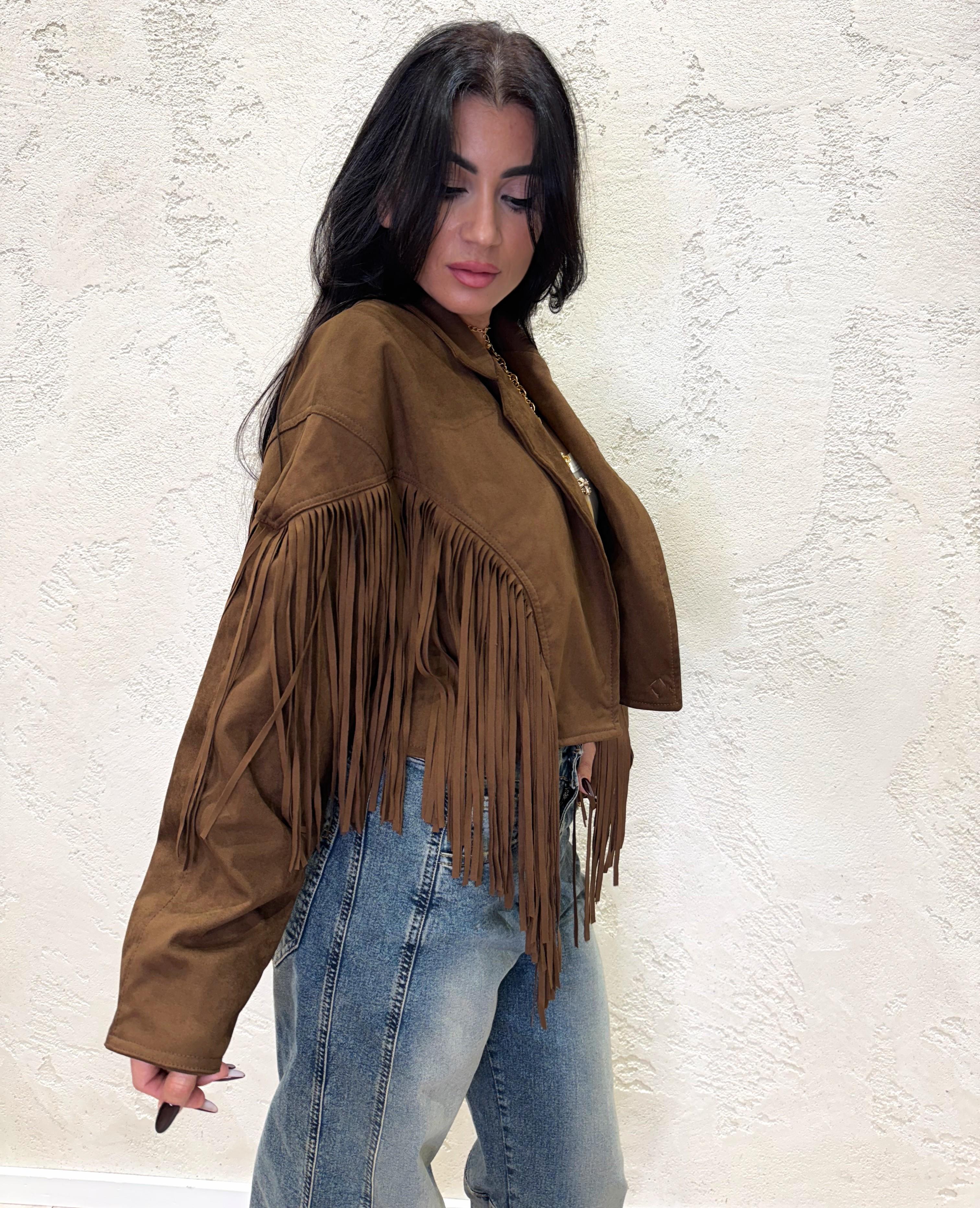 giacca crop scamosciata con collo rever e frange GSCFRANGE CIOCCOLATO ELEVI 