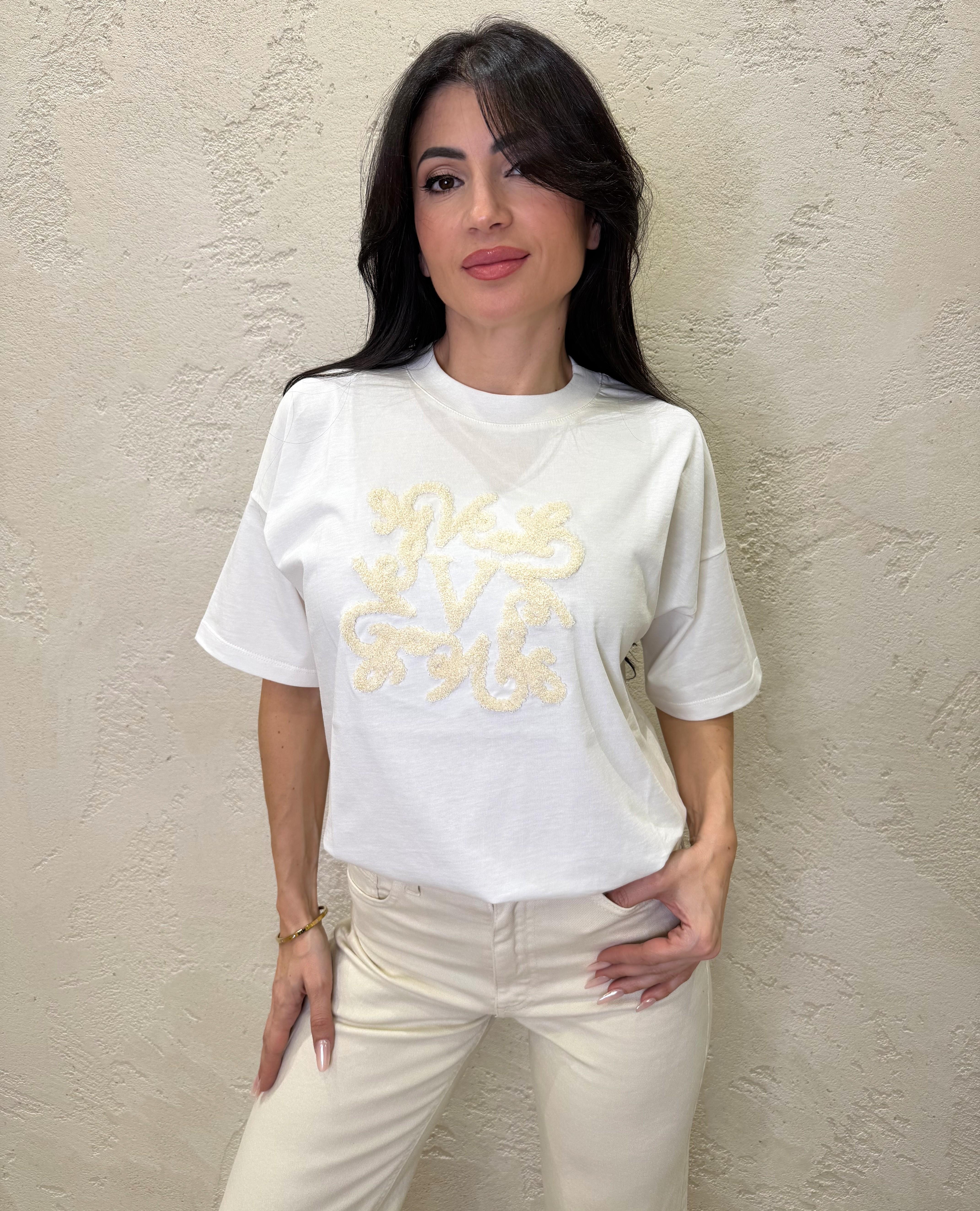 t-shirt over con logo ricamato bouclè RAB0045 BIANCO/BURRO VICOLO 