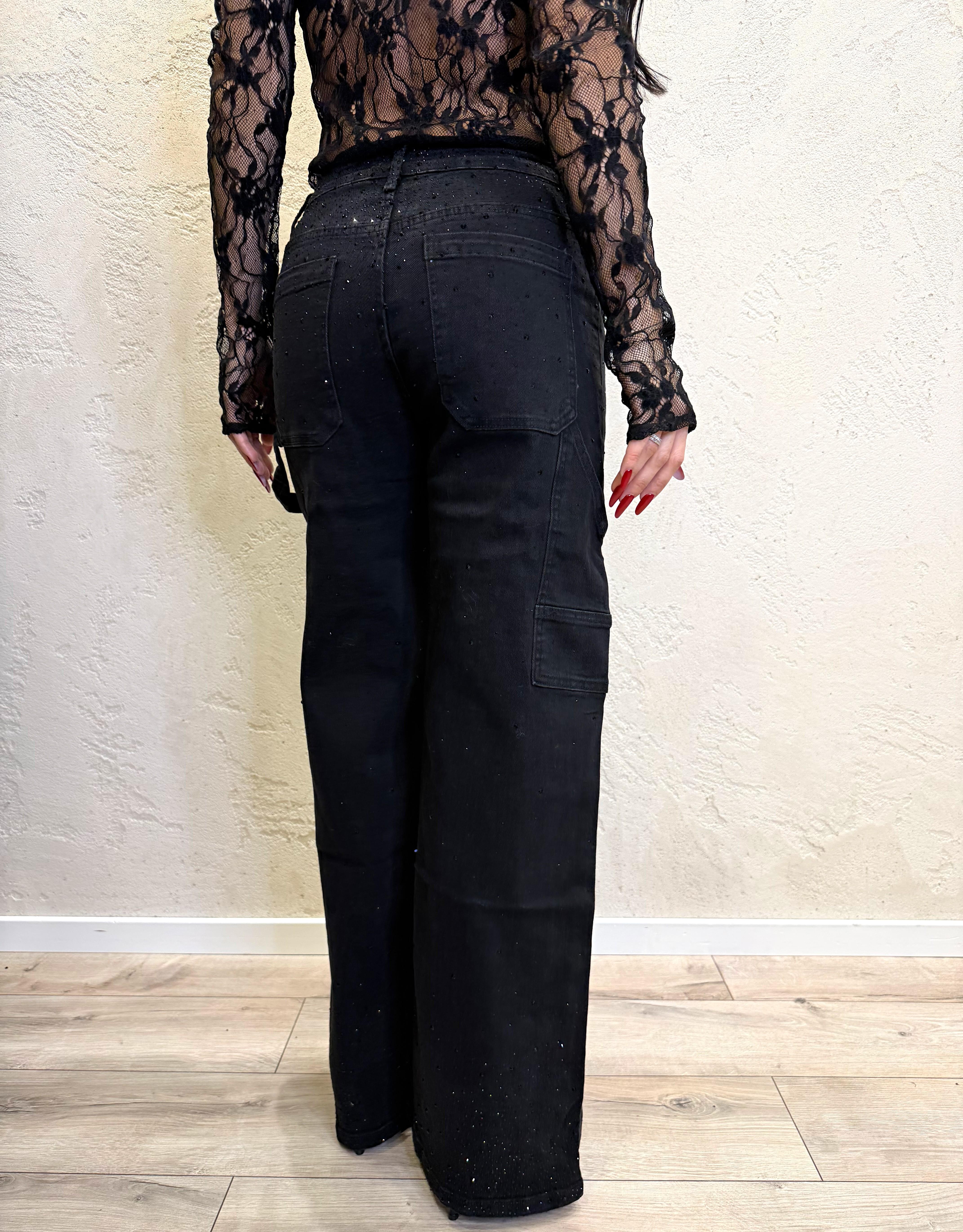 jeans modello work a gamba larga con strass JWSTRASS NERO ELEVI 