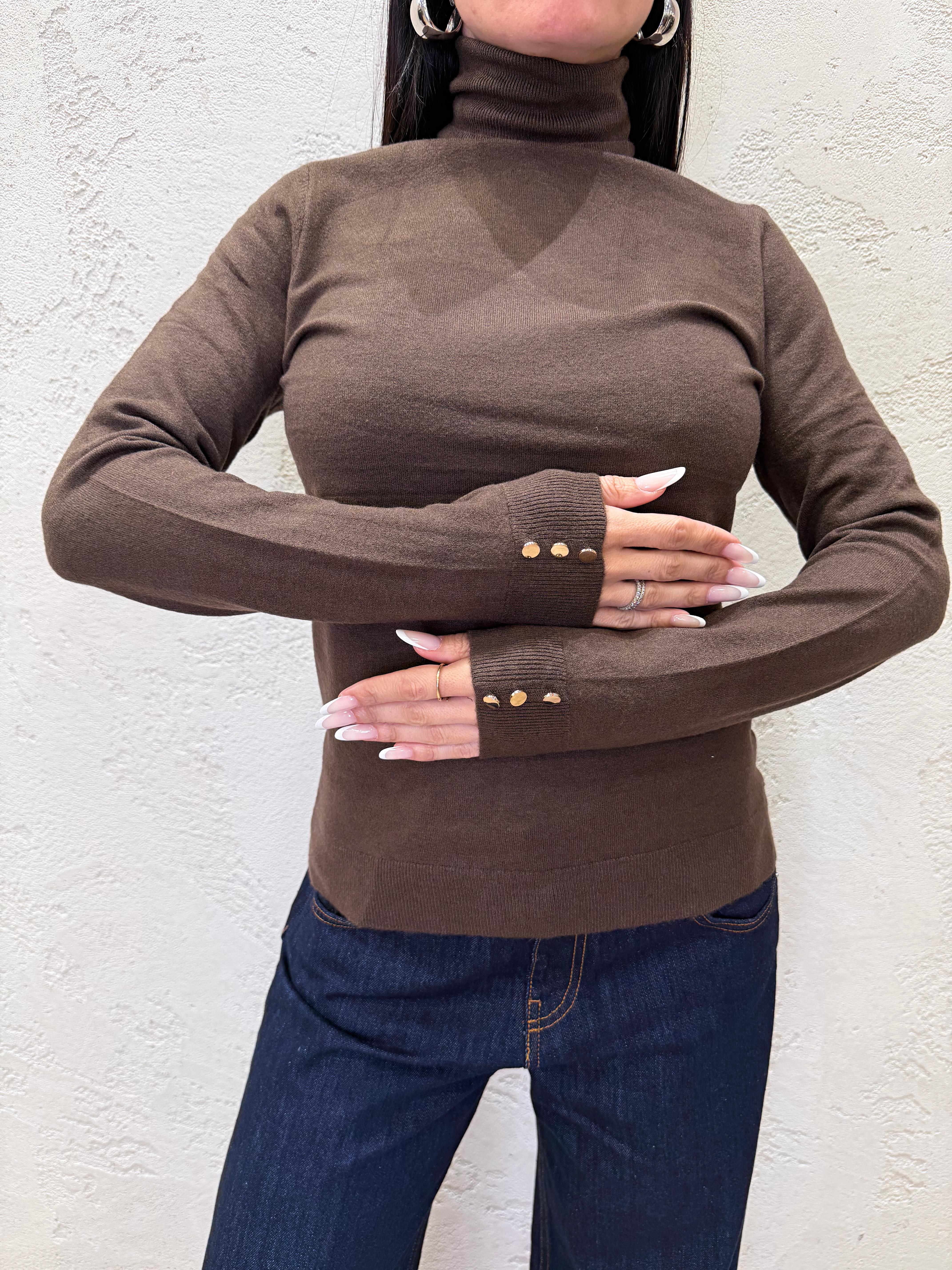 maglia collo alto misto lana con bottoncini su polso MACAB CIOCCOLATO ELEVI 