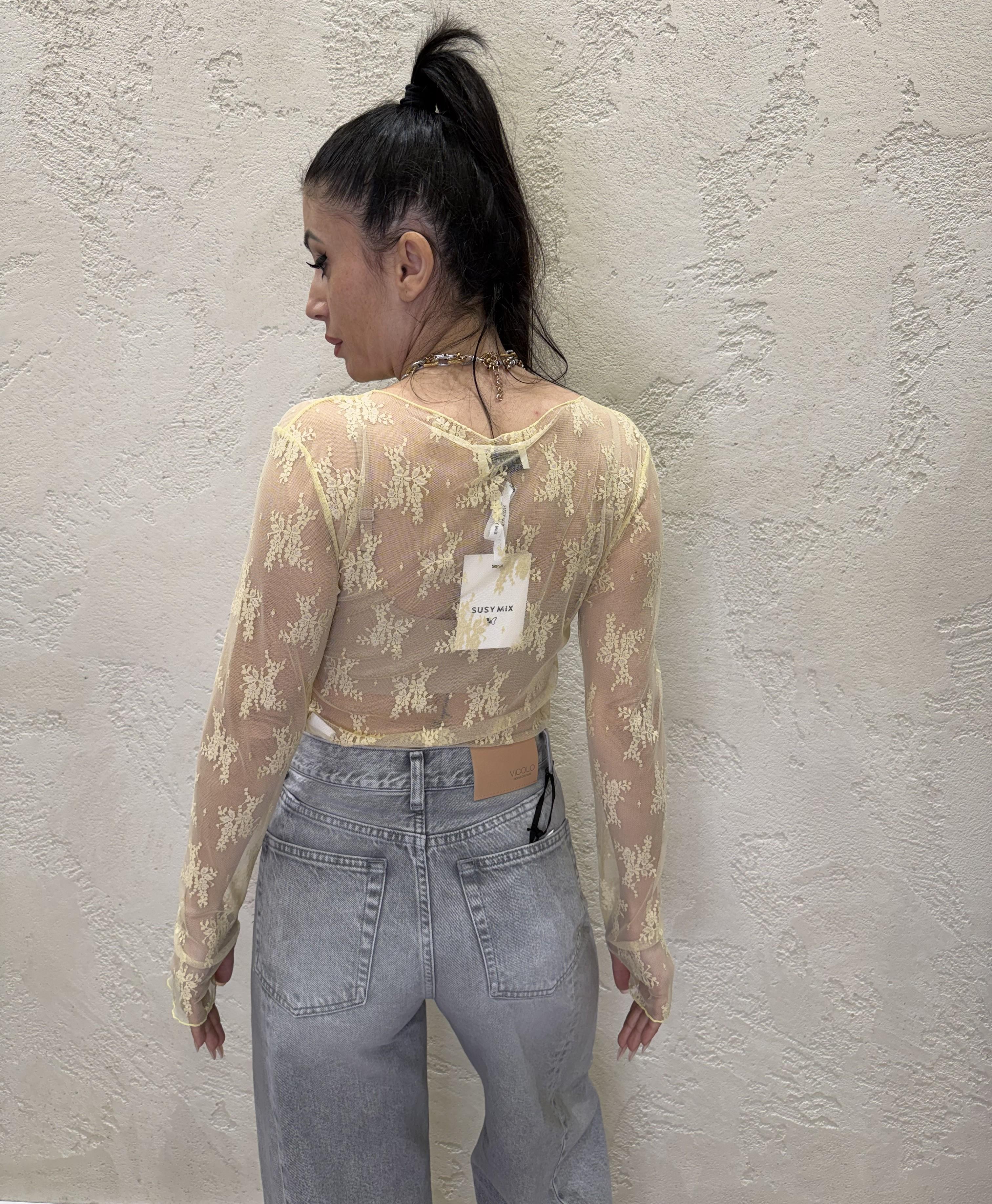 maglia in pizzo con scollo a barca e manicotti 10997 GIALLO SUSY MIX 