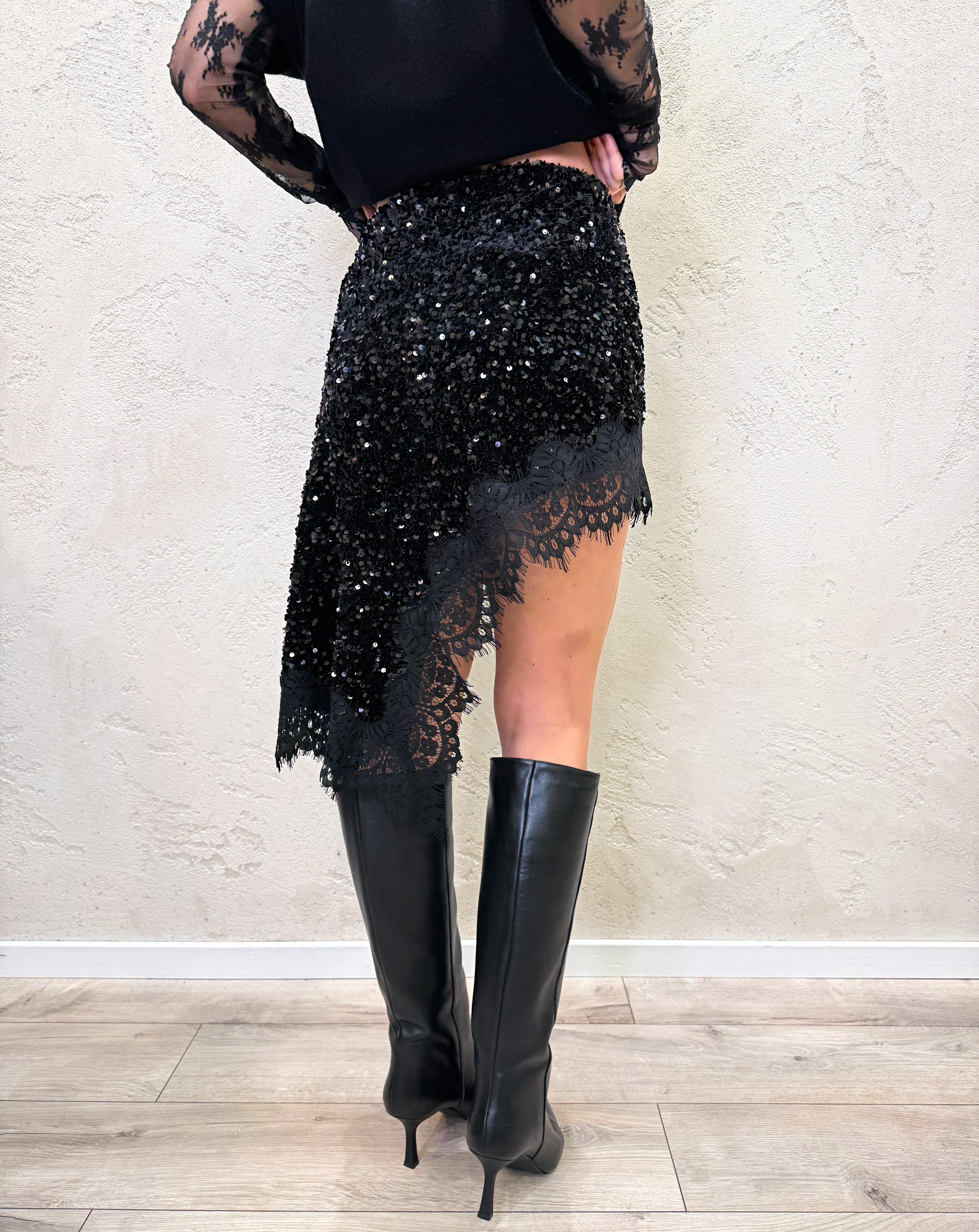 gonna mini asimmetrica in pailette e pizzo W25GC65 NERO MOTEL 