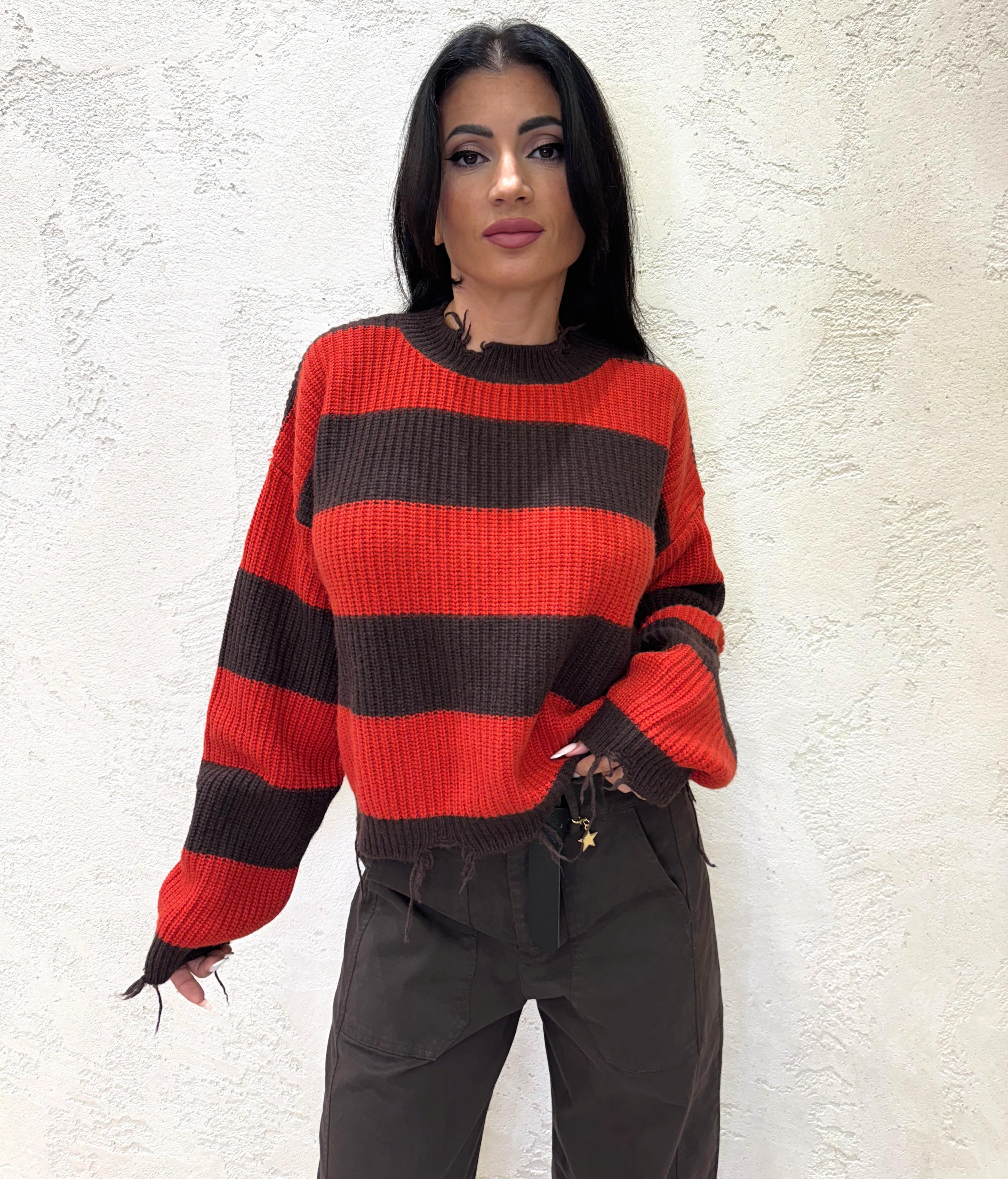 pullover misto lana e cashmere a righe 55078F ROSSO/MORO VICOLO 