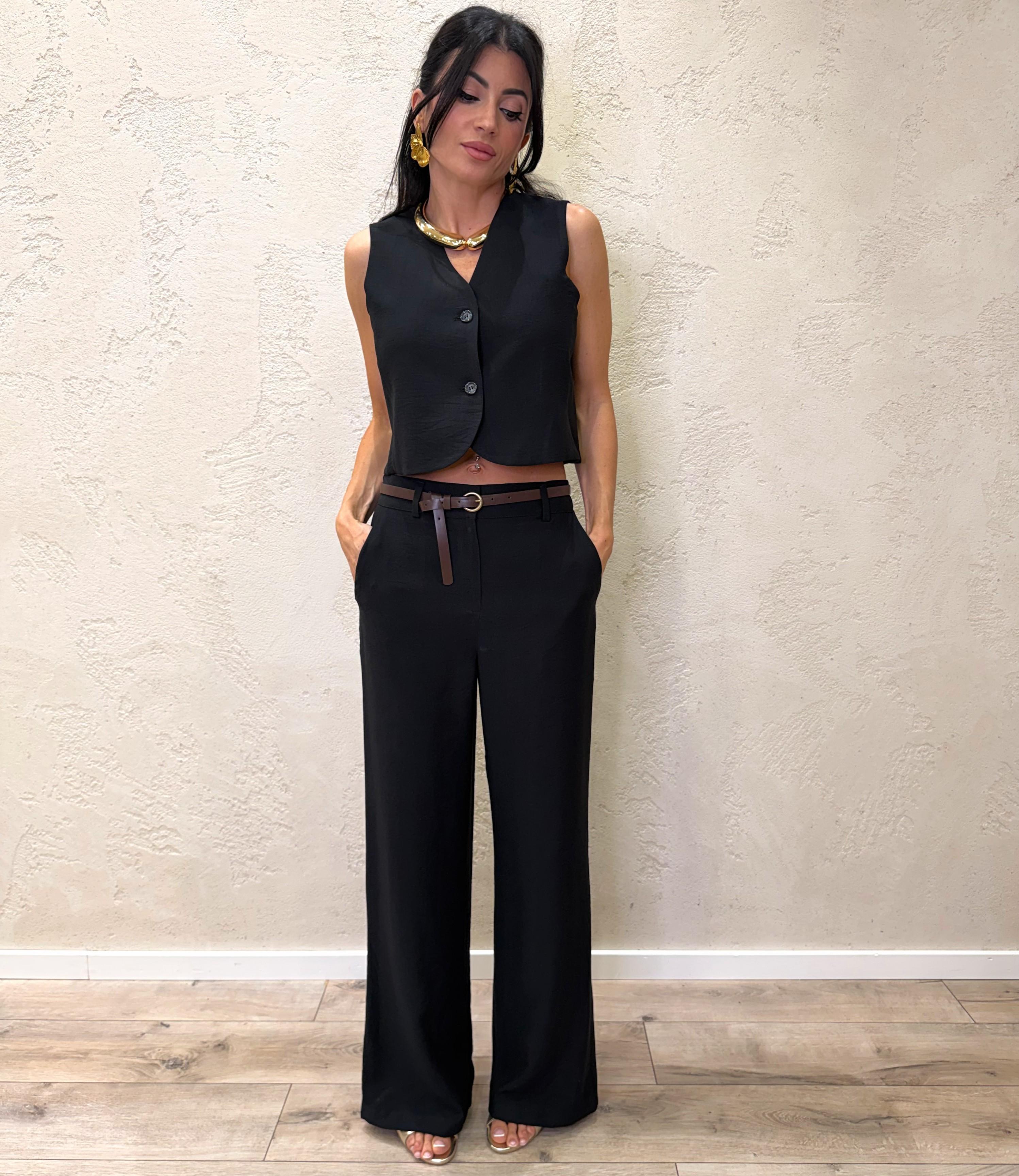pantalone fluido a palazzo con cintura integrata PIA-Q532 NERO HAVEONE 