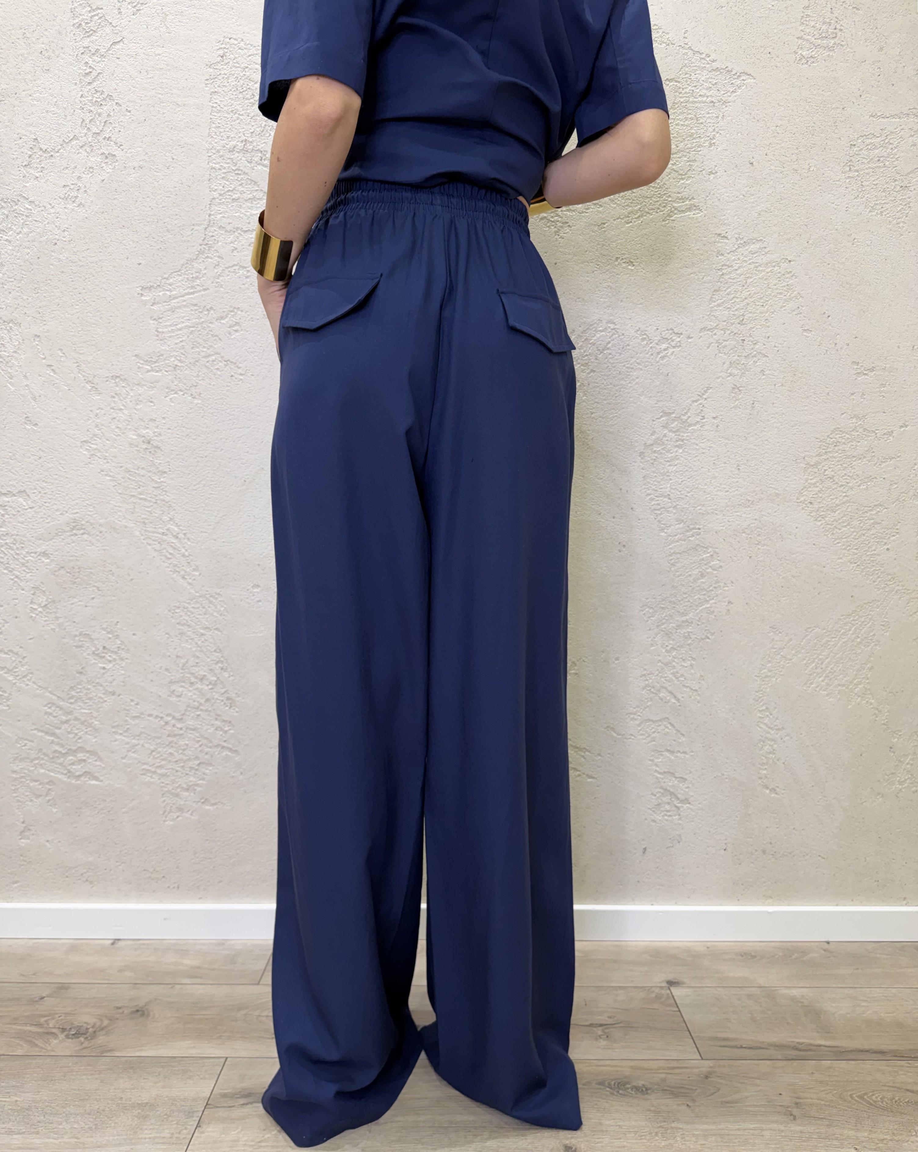 pantalone a palazzo morbido misto lino TAB2051 BLU VICOLO 