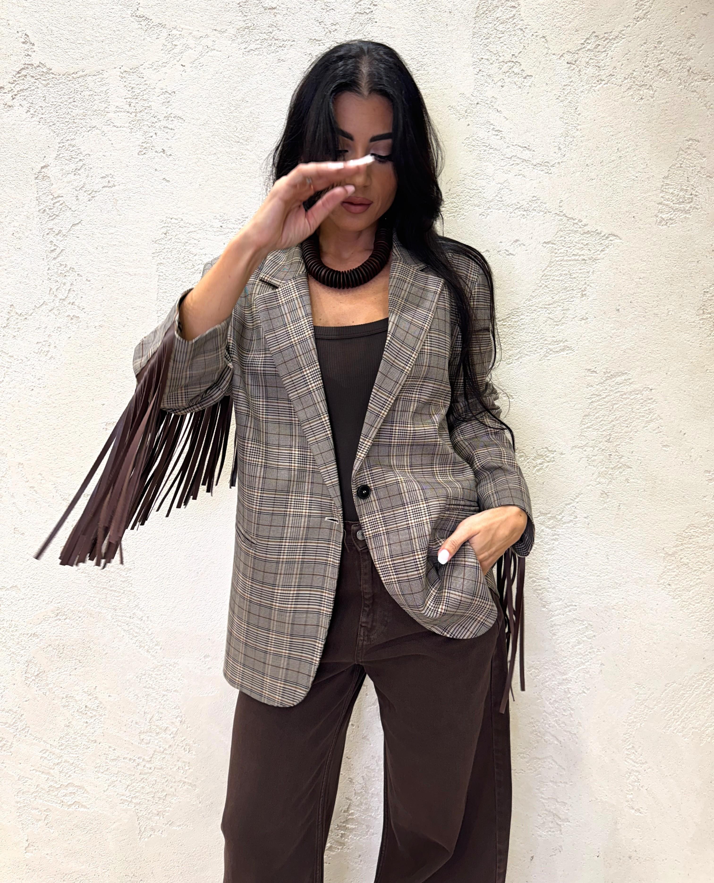 blazer over in check con frange TF0740 MARRONE VICOLO 