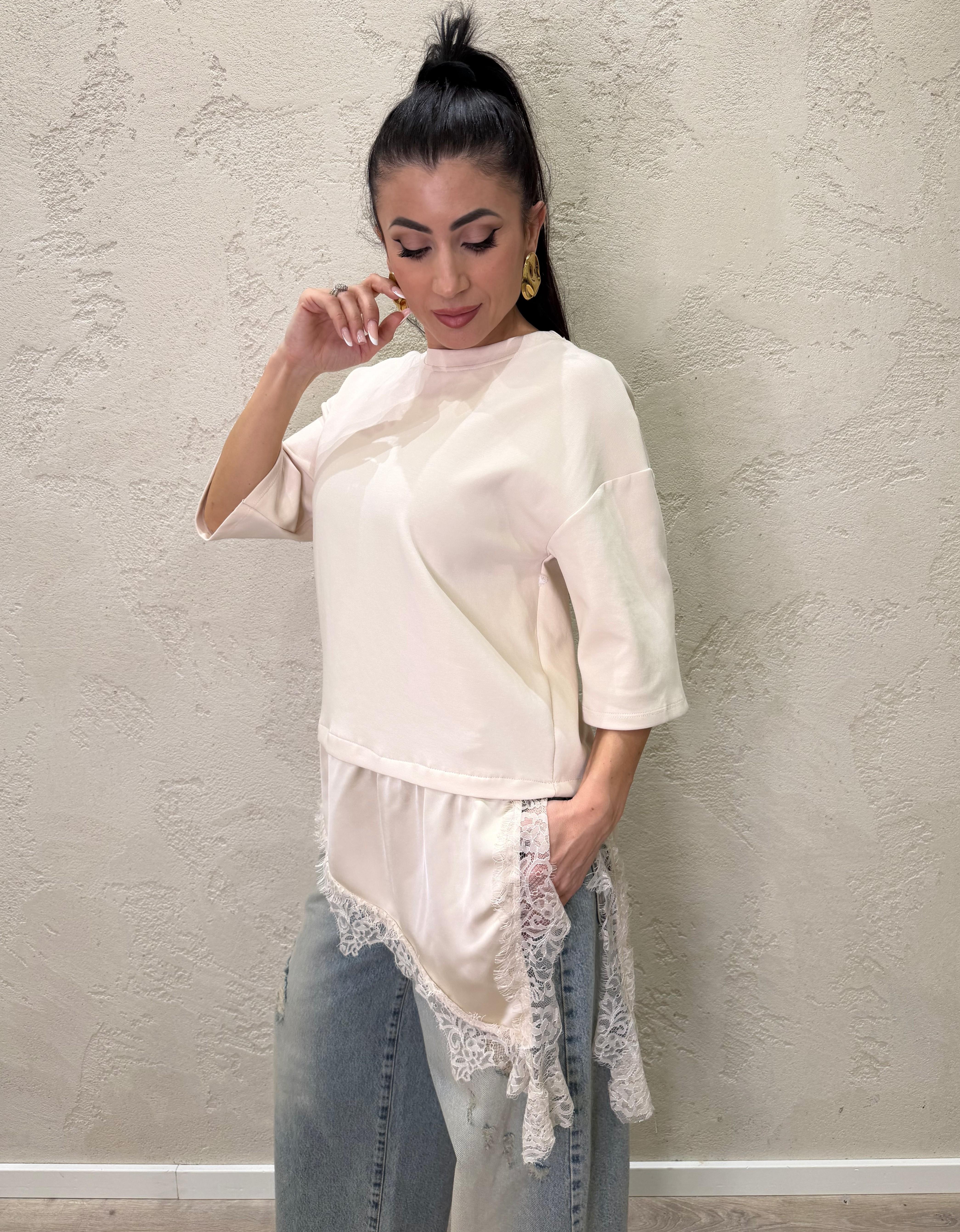 maglia ampia tessuto scuba con inserto in satin e pizzo TJK-Q027 BURRO HAVEONE 
