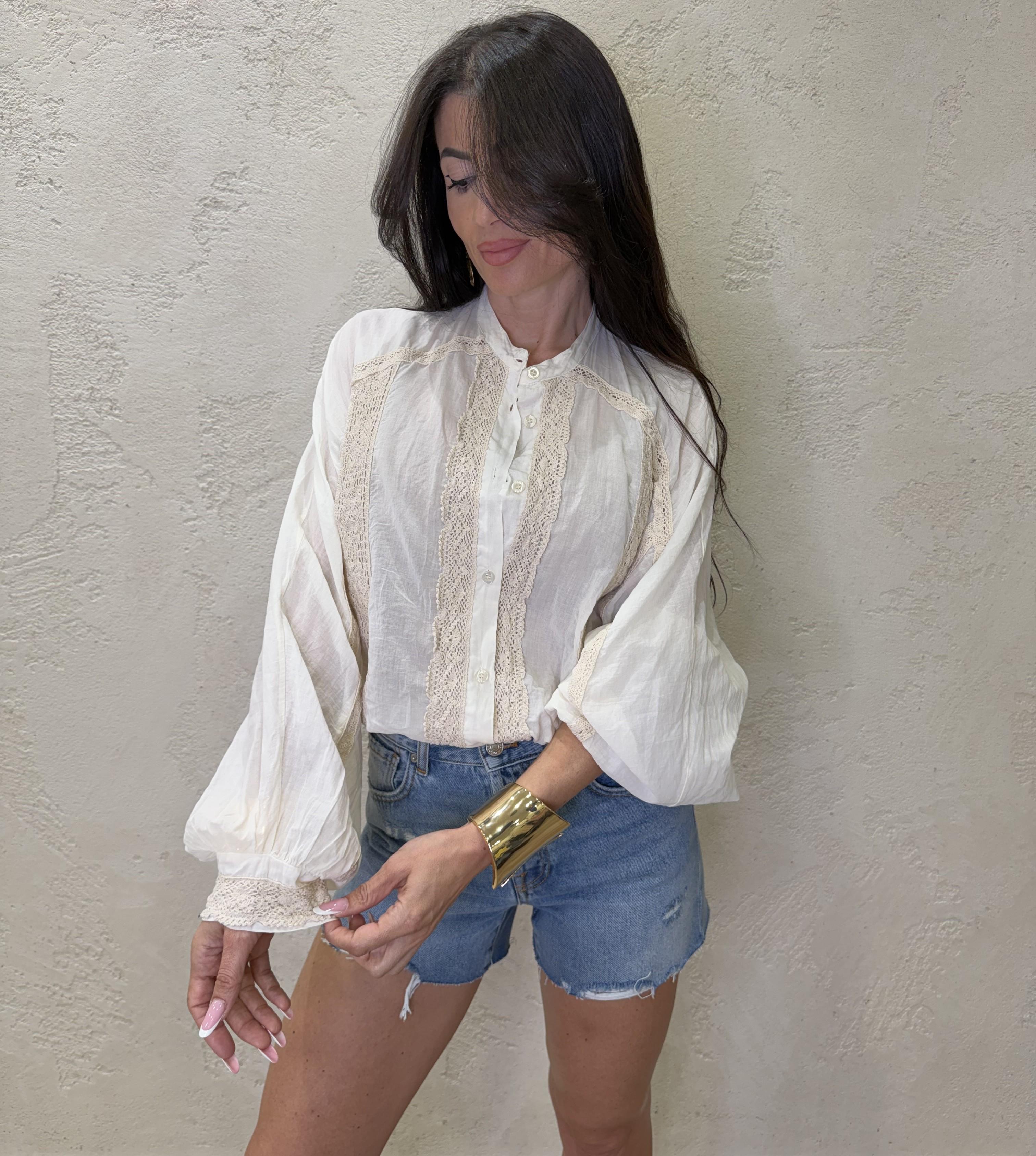 camicia con collo alla coreana e inserti crochet CVS-Q144 BURRO HAVEONE 