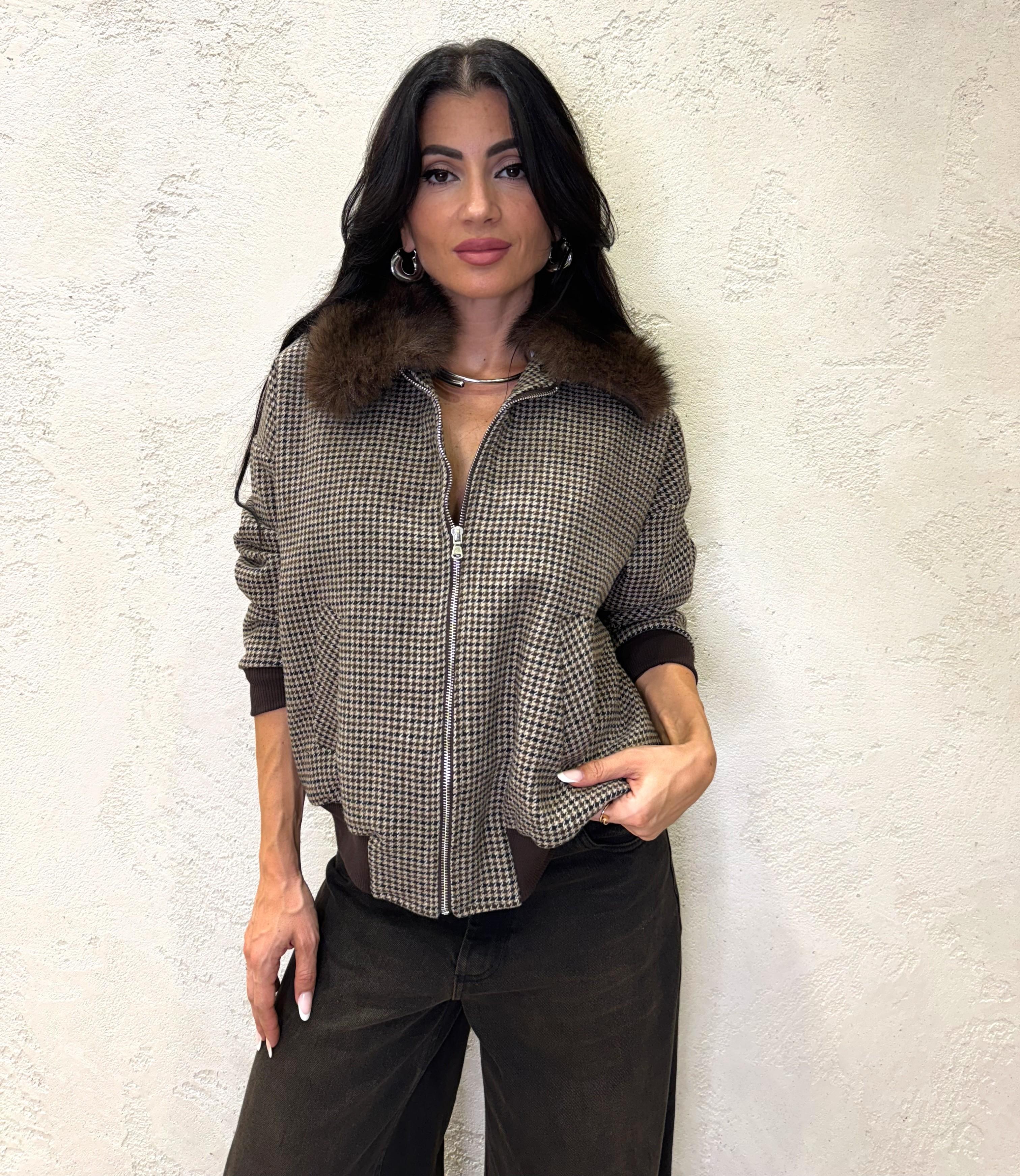 bomber pied de poule con collo in pelo removibile 51497 PIEDDEPOULE SUSY MIX 