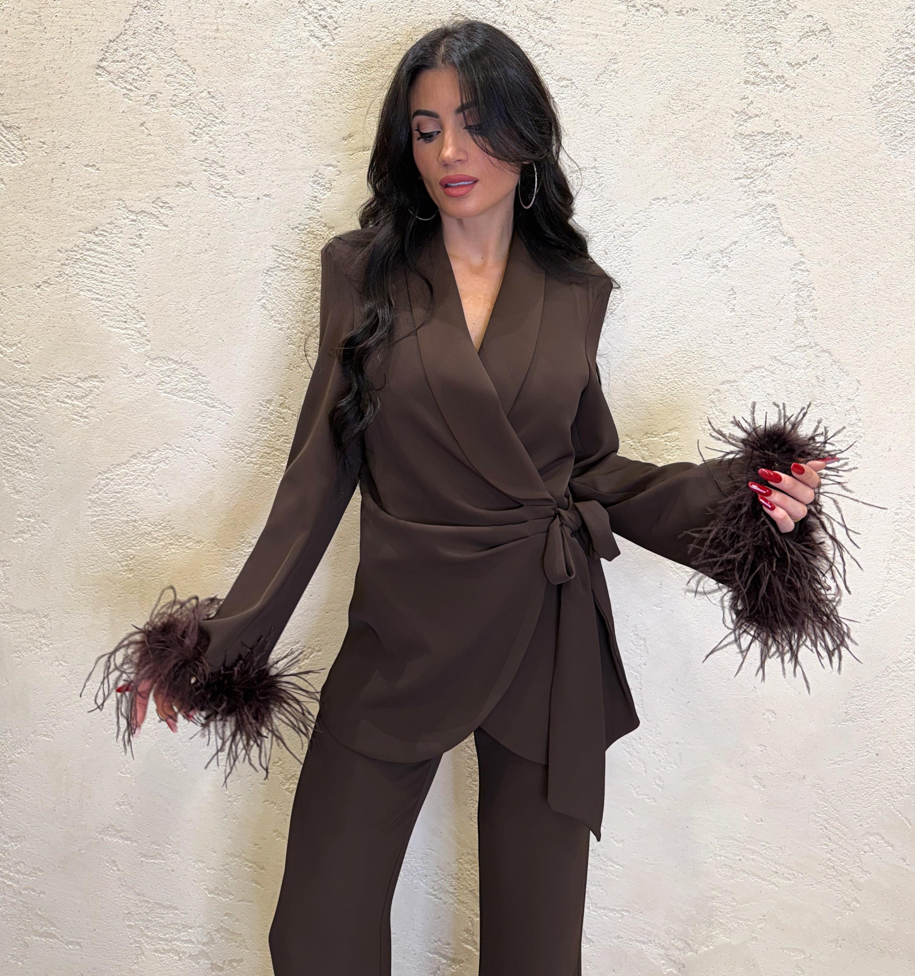 blazer con dettaglio di vera piuma 37747 MORO TENSIONE IN 