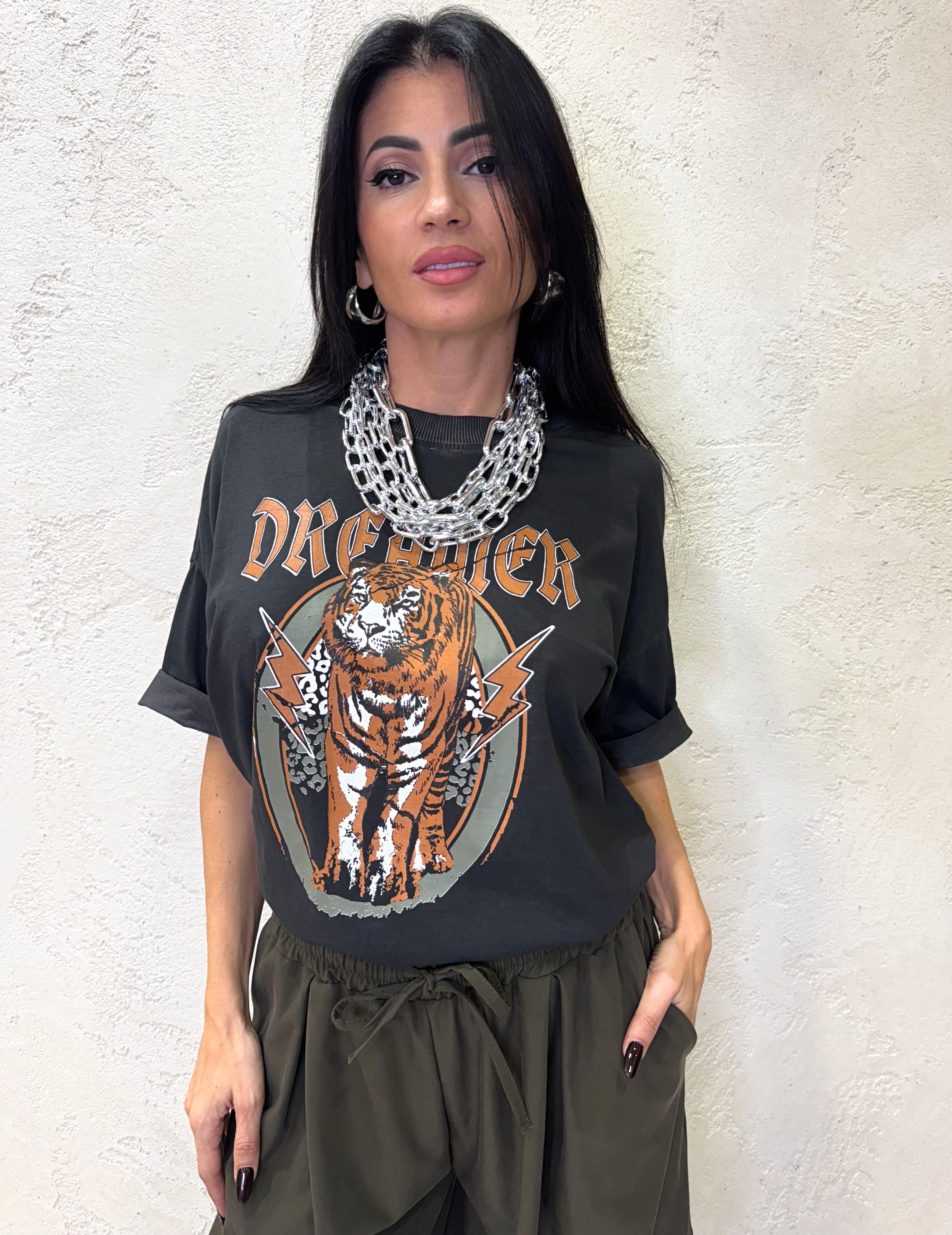t-shirt over elasticizzata con stampa tigre vintage TFW-P011 ANTRACITE HAVEONE 