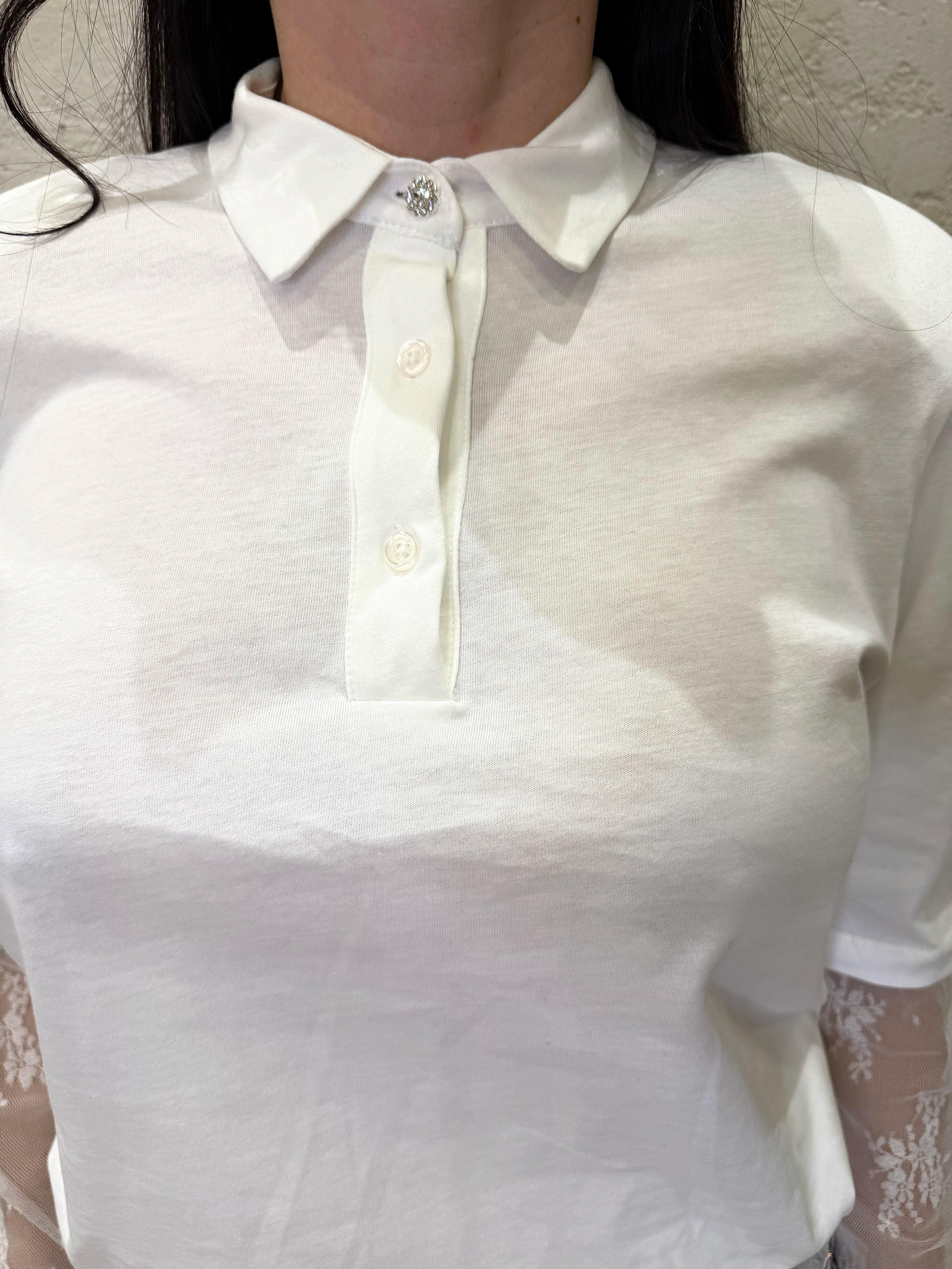 polo con spalline imbottite e maniche in pizzo SH003387 PANNA SUSY MIX 
