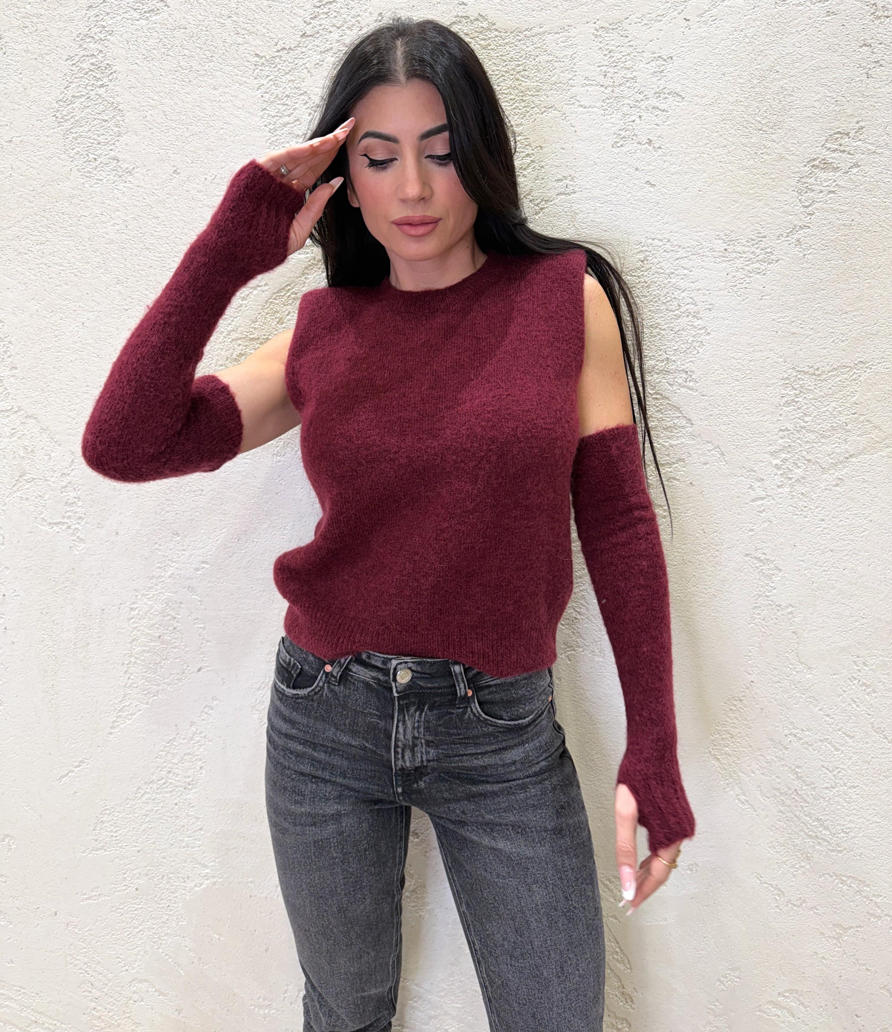 smanicato baby mohair con manicotti e spalline rinforzate D81265 VINO TENSIONE IN 