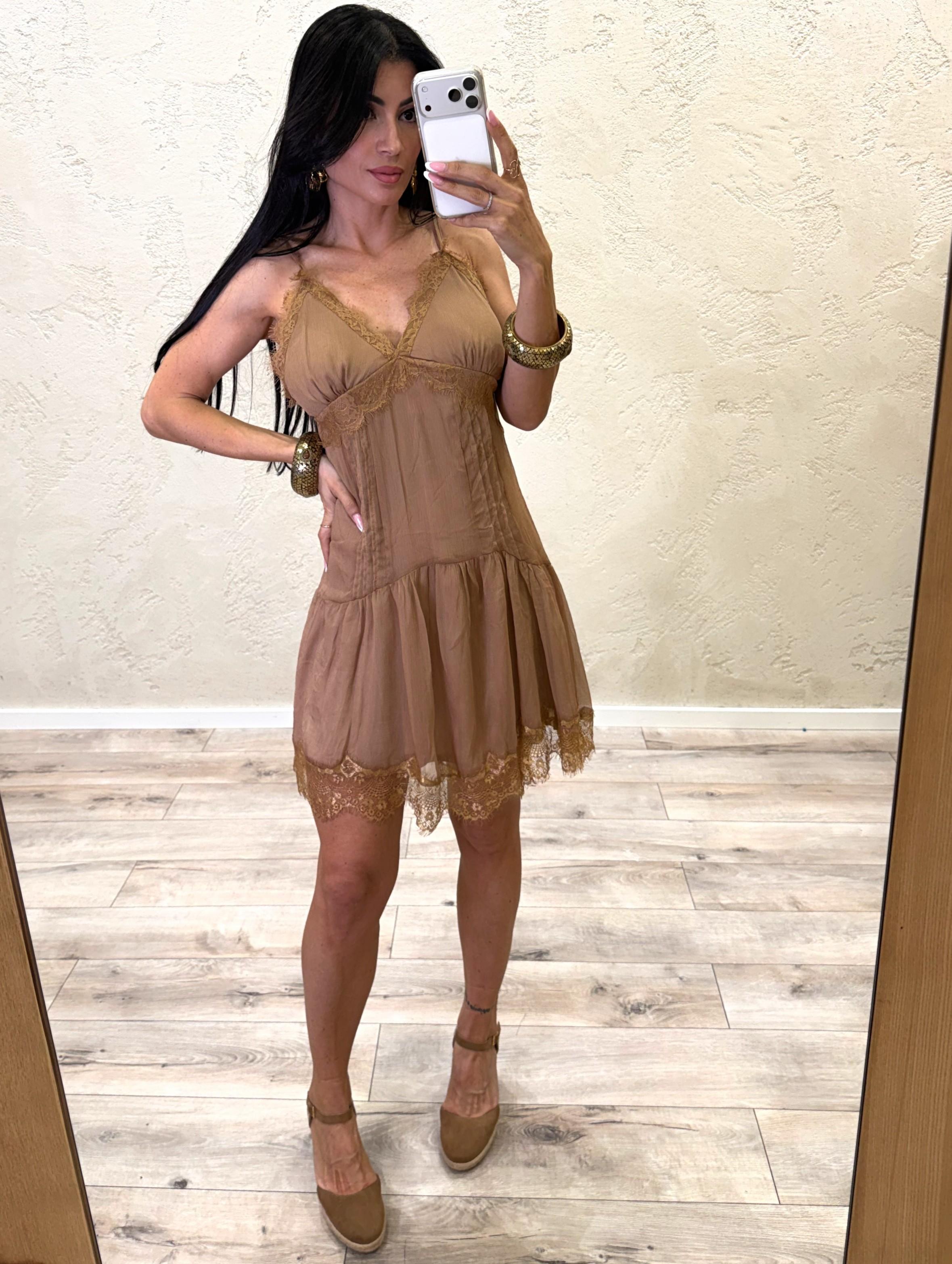 abito mini con inserti in pizzo 12219 CAMMELLO SUSY MIX 