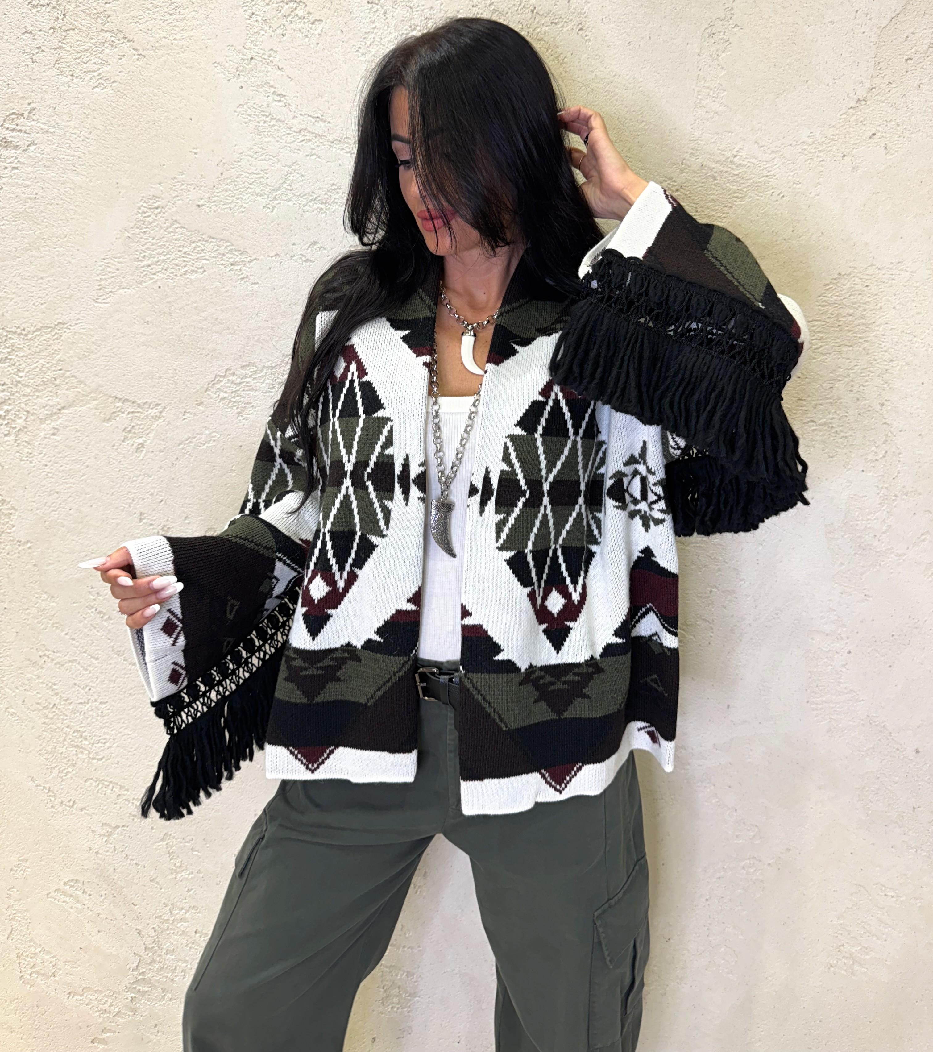 cardigan aperto in fantasia con frange 77191F MORO/MILITARE/PRUGNA VICOLO 