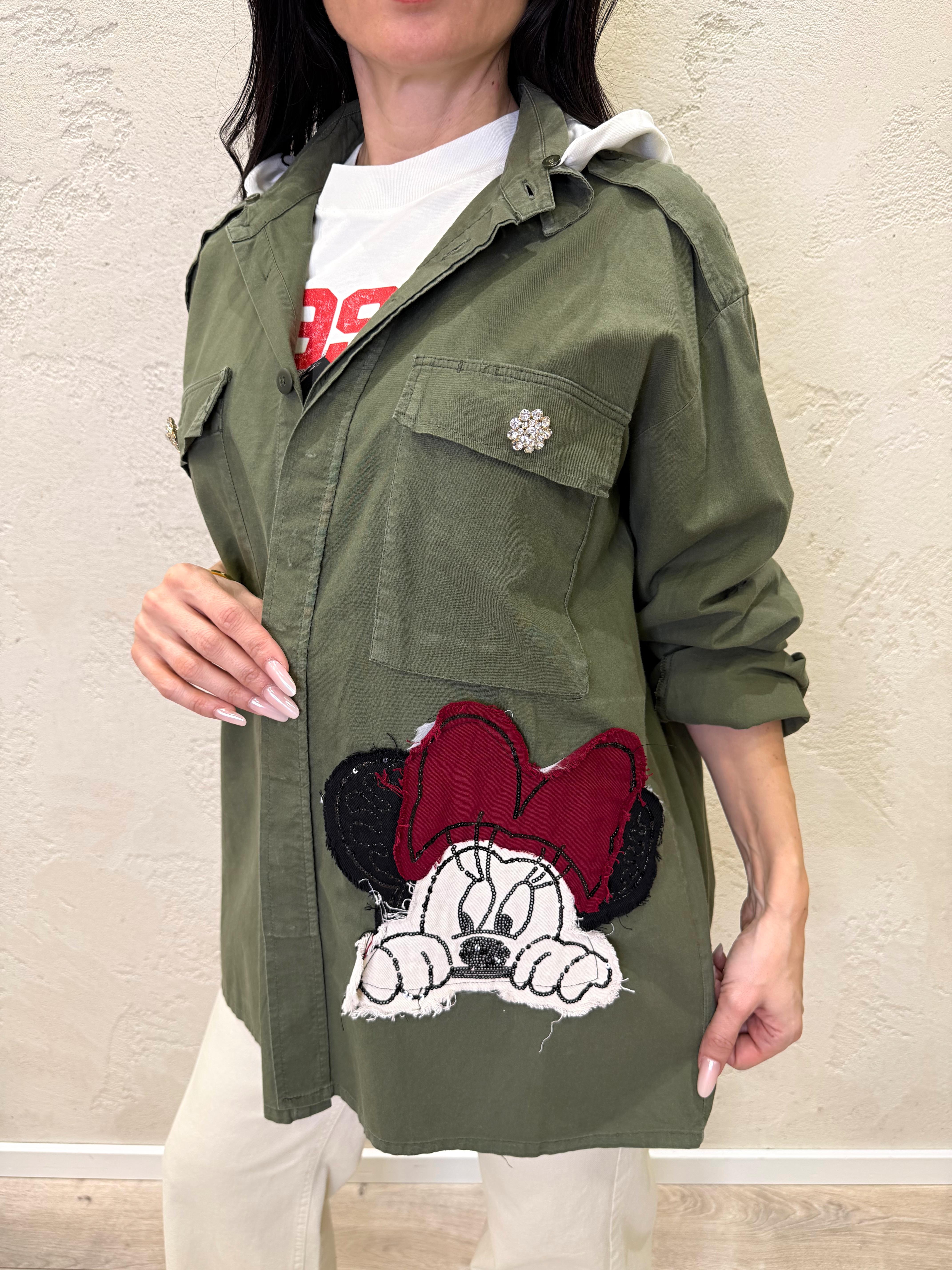 camicia sahariana con patch minnie e cappuccio in felpa 26547 VERDE MILITARE SUSY MIX 