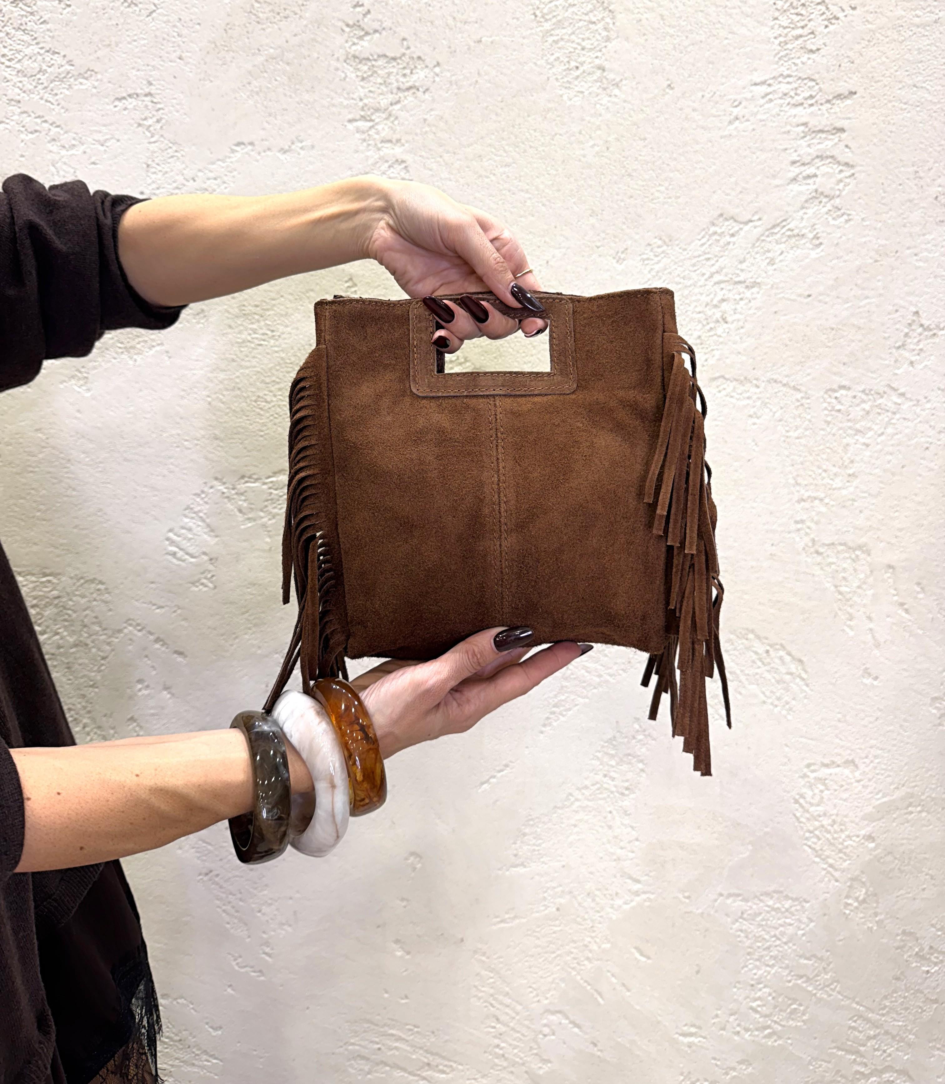 borsa a mano in vera pelle scamosciata con frange WCP-N090 TABACCO HAVEONE 