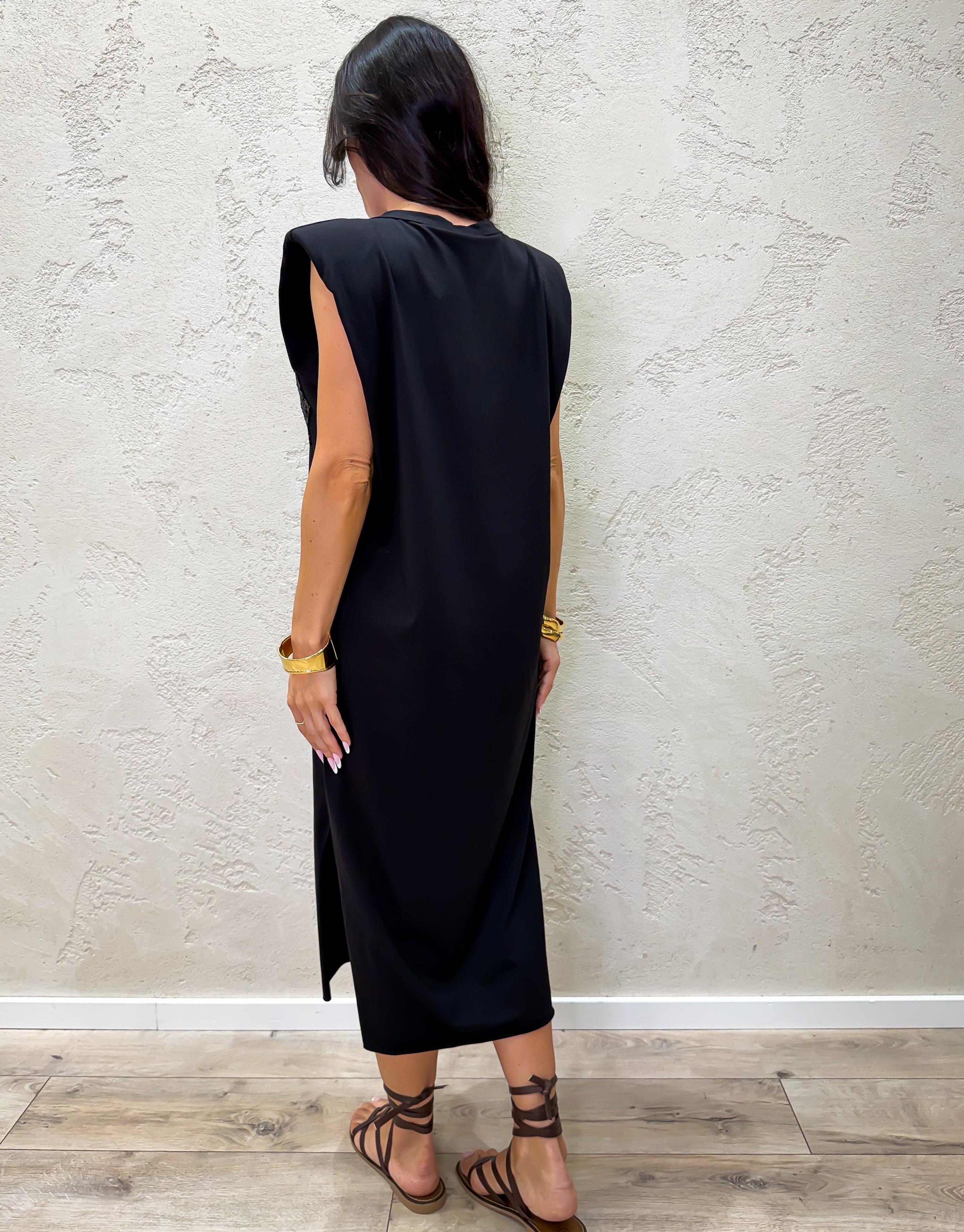 abito midi in cotone elasticizzato tasca pailettes e spalline rinforzate 12251 NERO SUSY MIX 