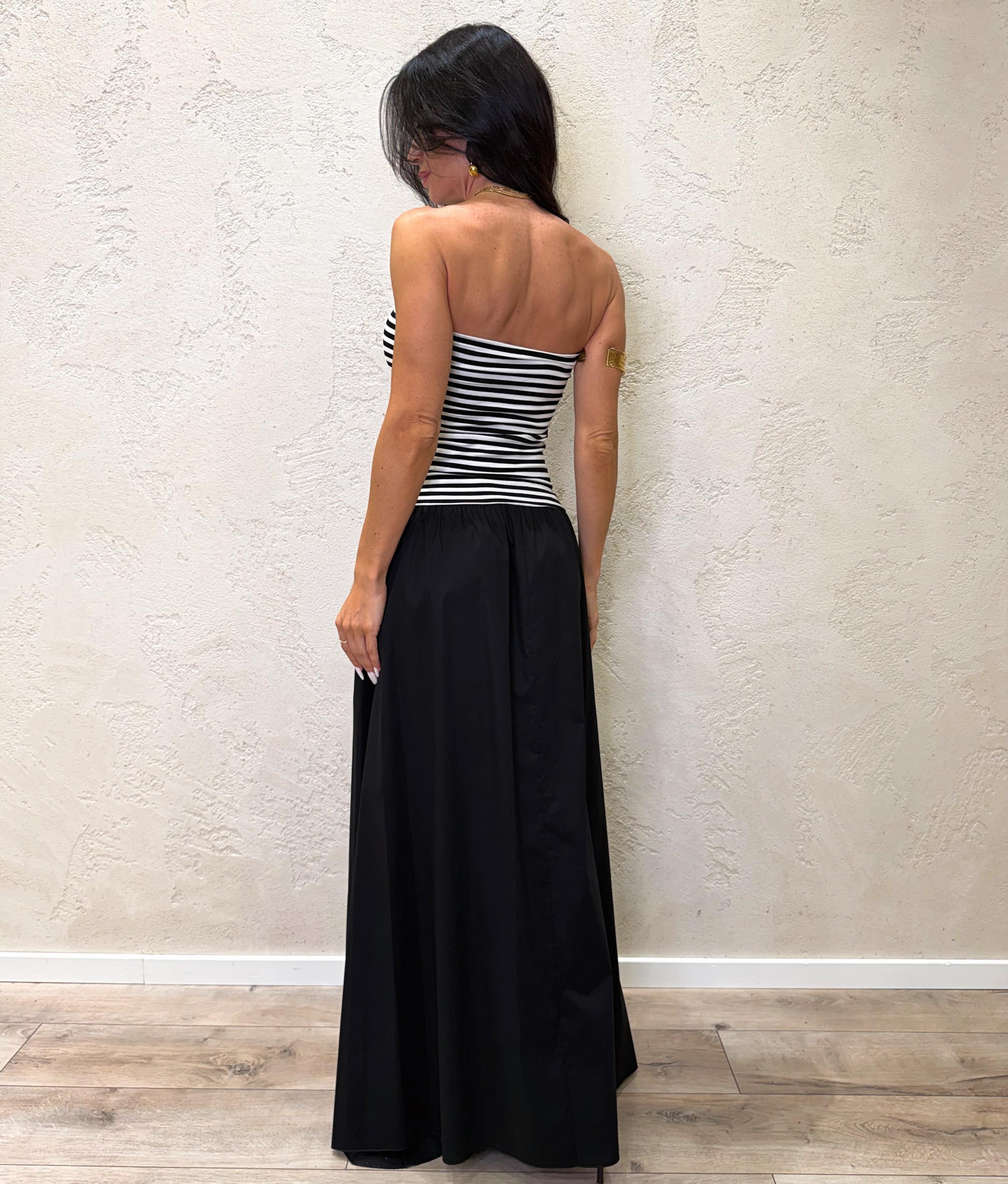 abito lungo scollo dritto in doppio tessuto frantasia a righe B05206 NERO SUSY MIX 