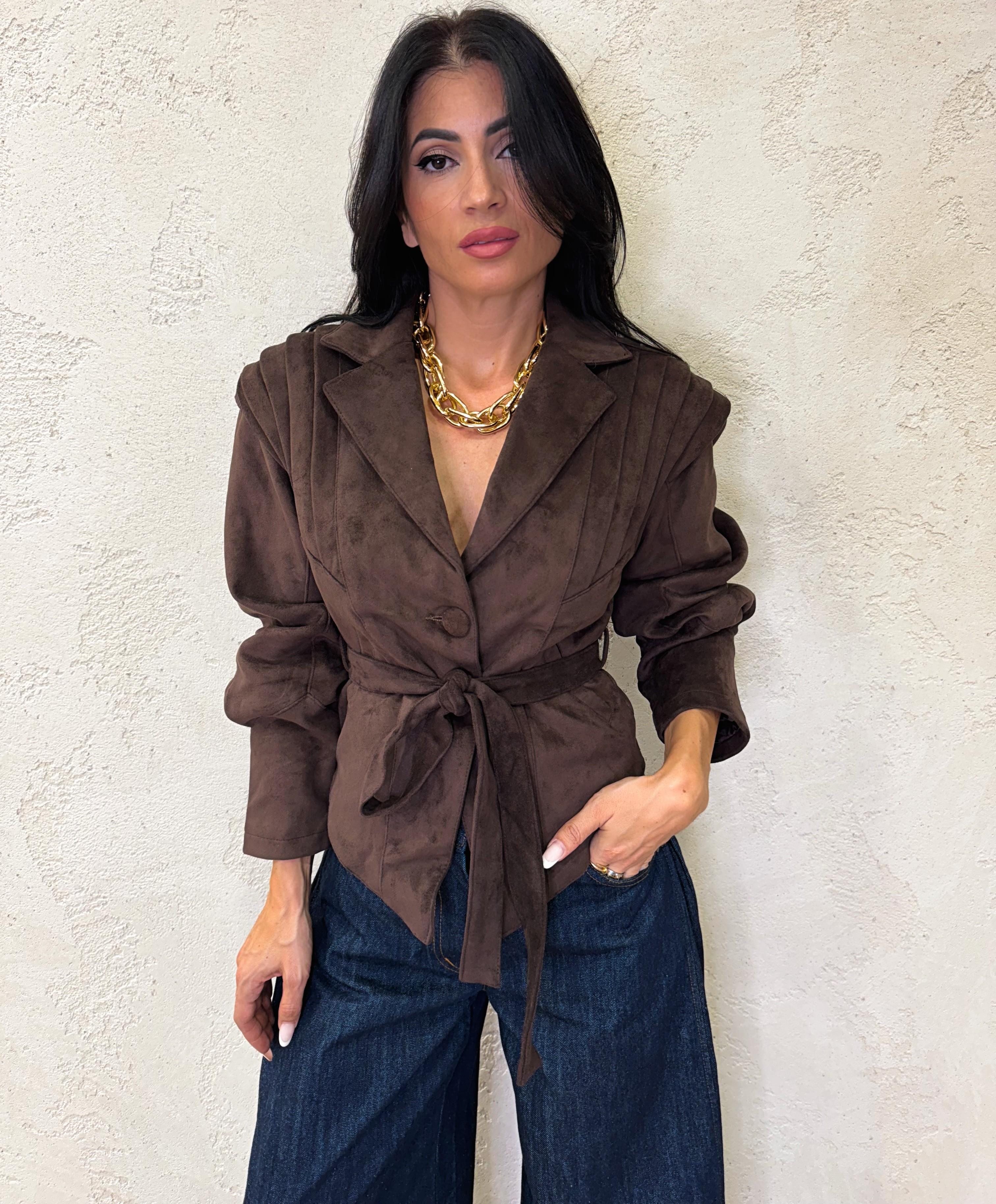 giacca scamosciata con spalle strutturate e cintura 2892 MORO SUSY MIX 