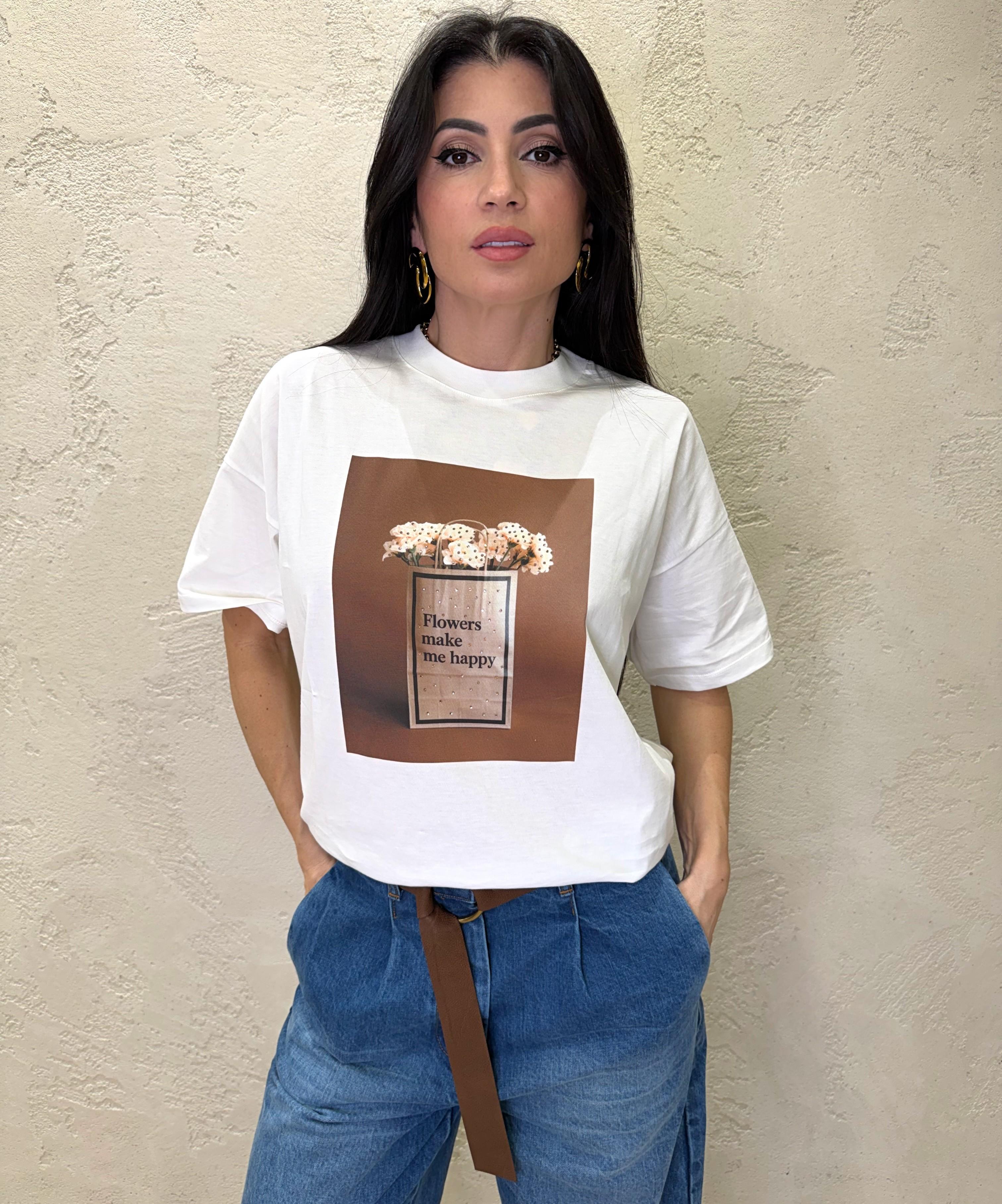 t-shirt over con stampa fiori e strass RAB0181 NATURALE VICOLO 