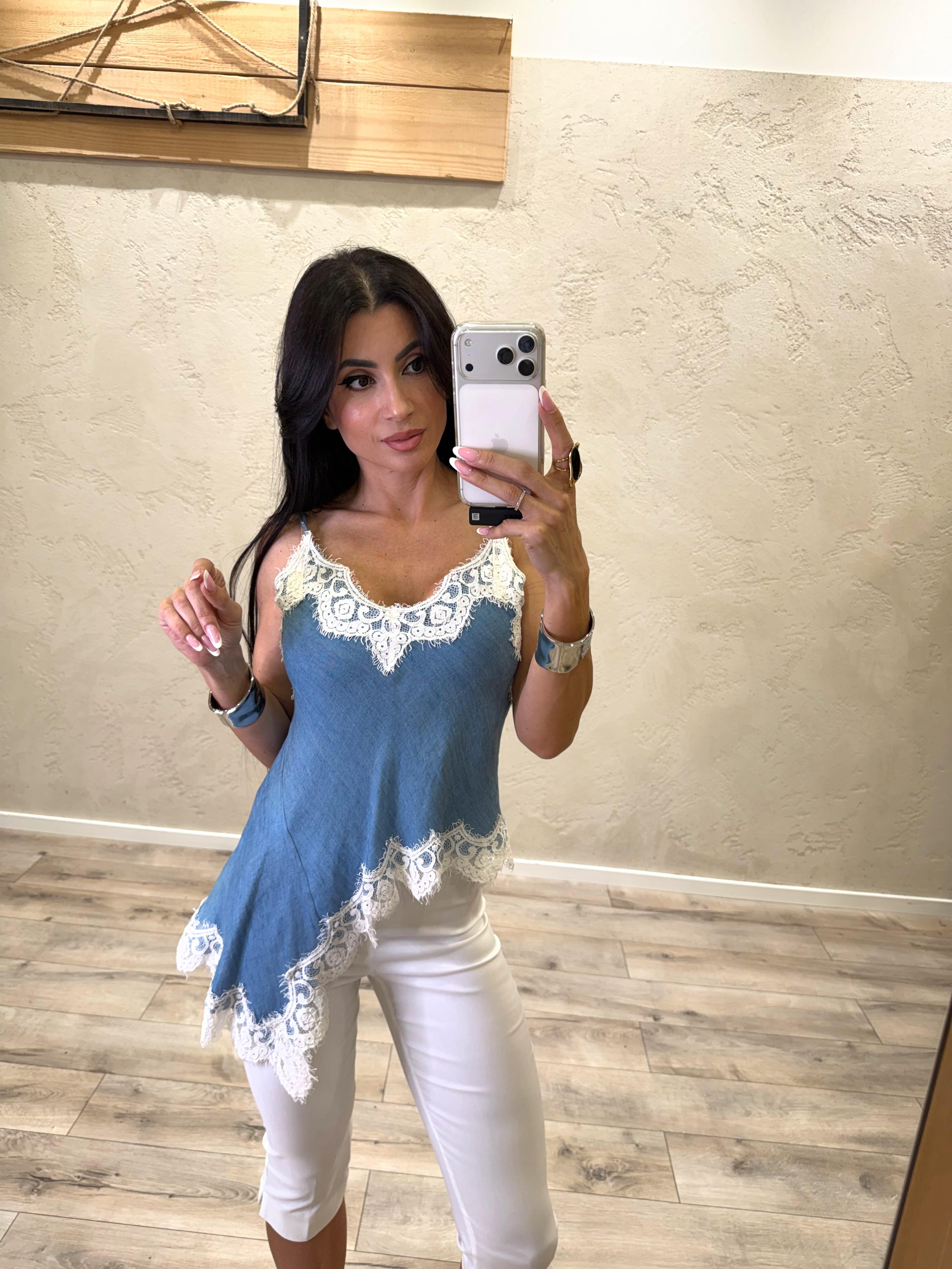 canotta asimmetrica in tela chambray con inserti in pizzo S26TA76 JEANS TENSIONE IN 