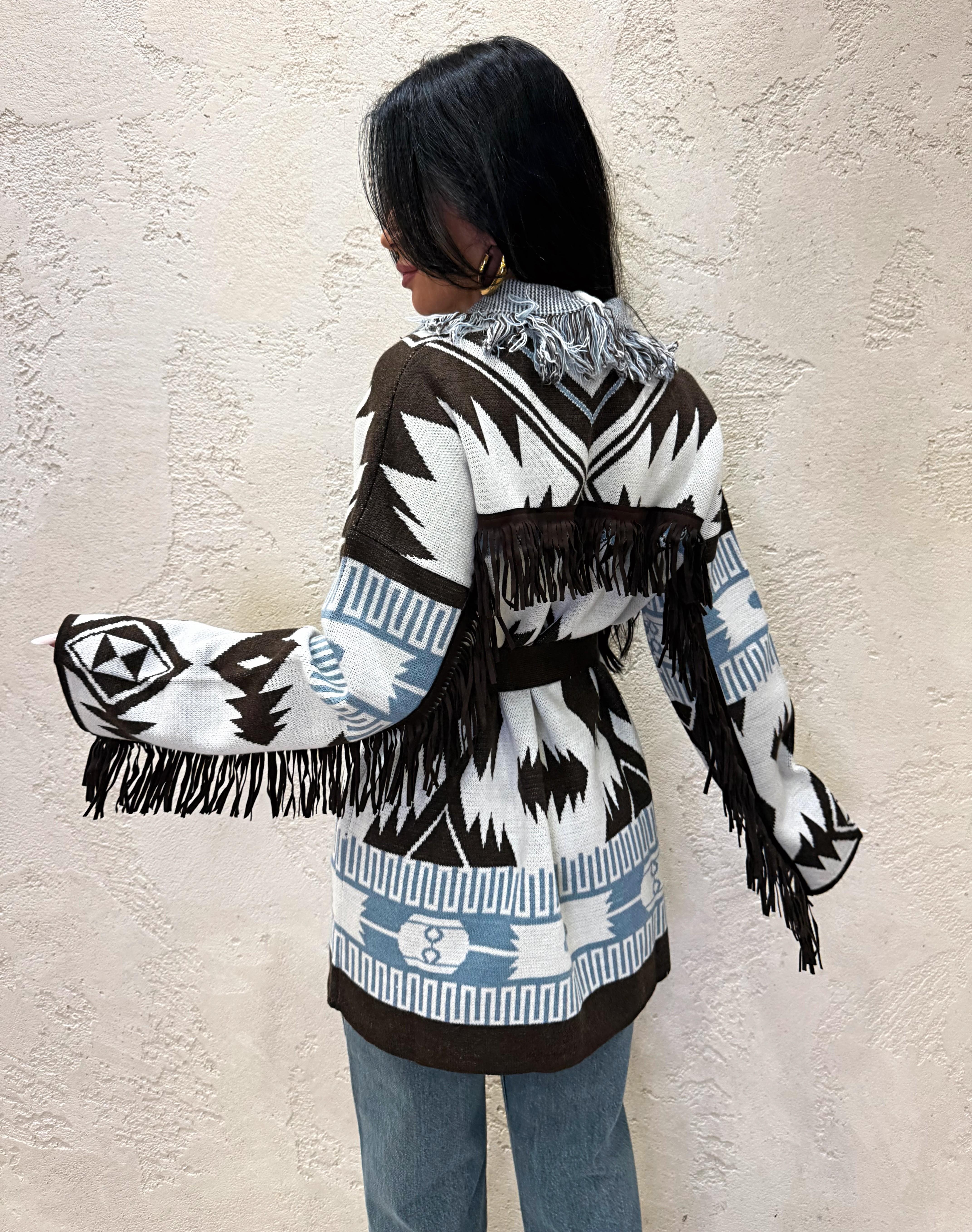 cardigan con frange in misto lana e alpaca 77190F MORO/AZZURRO VICOLO 