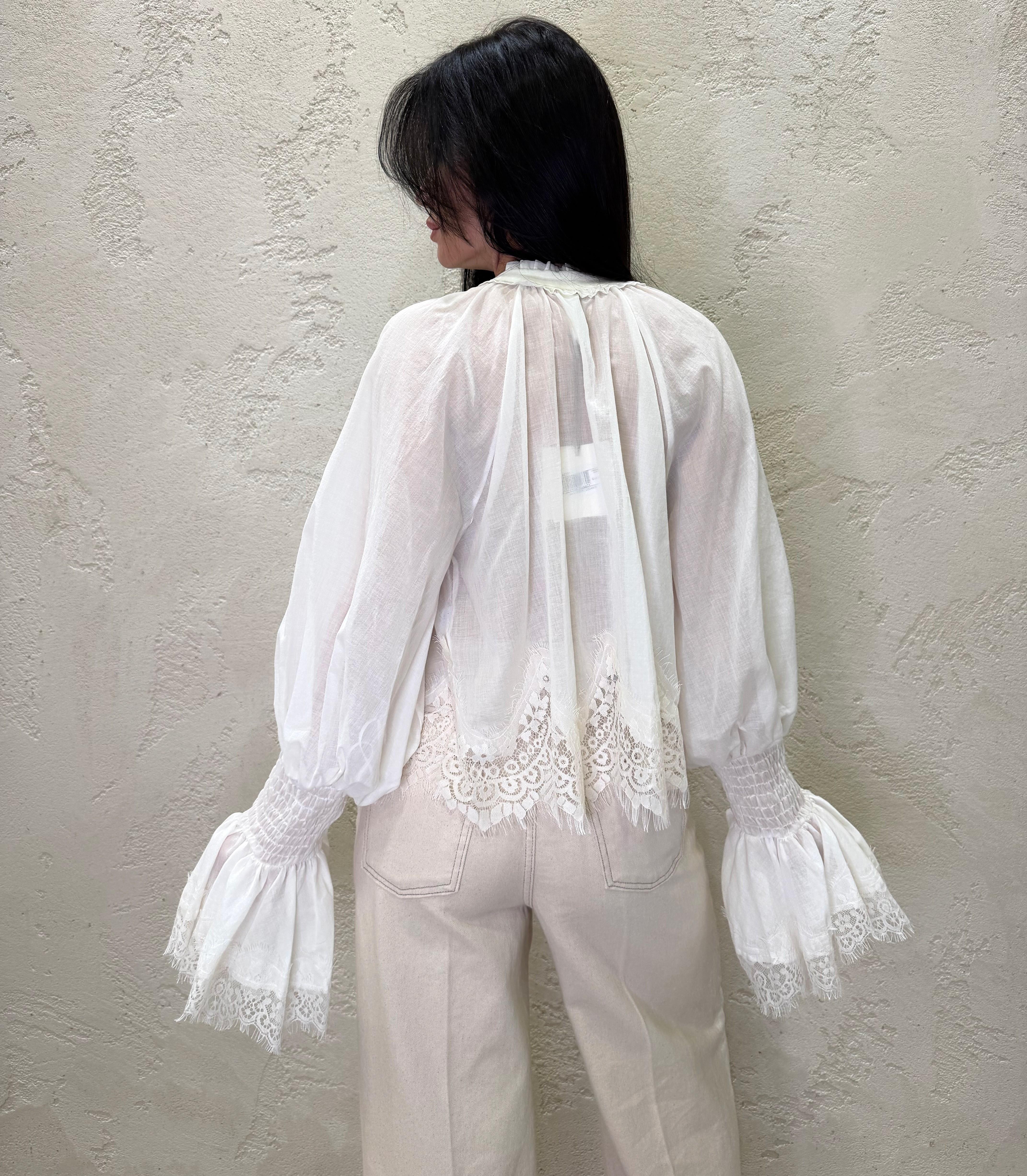 camicia in mussola di cotone con inserti in pizzo S26C181 PANNA TENSIONE IN 