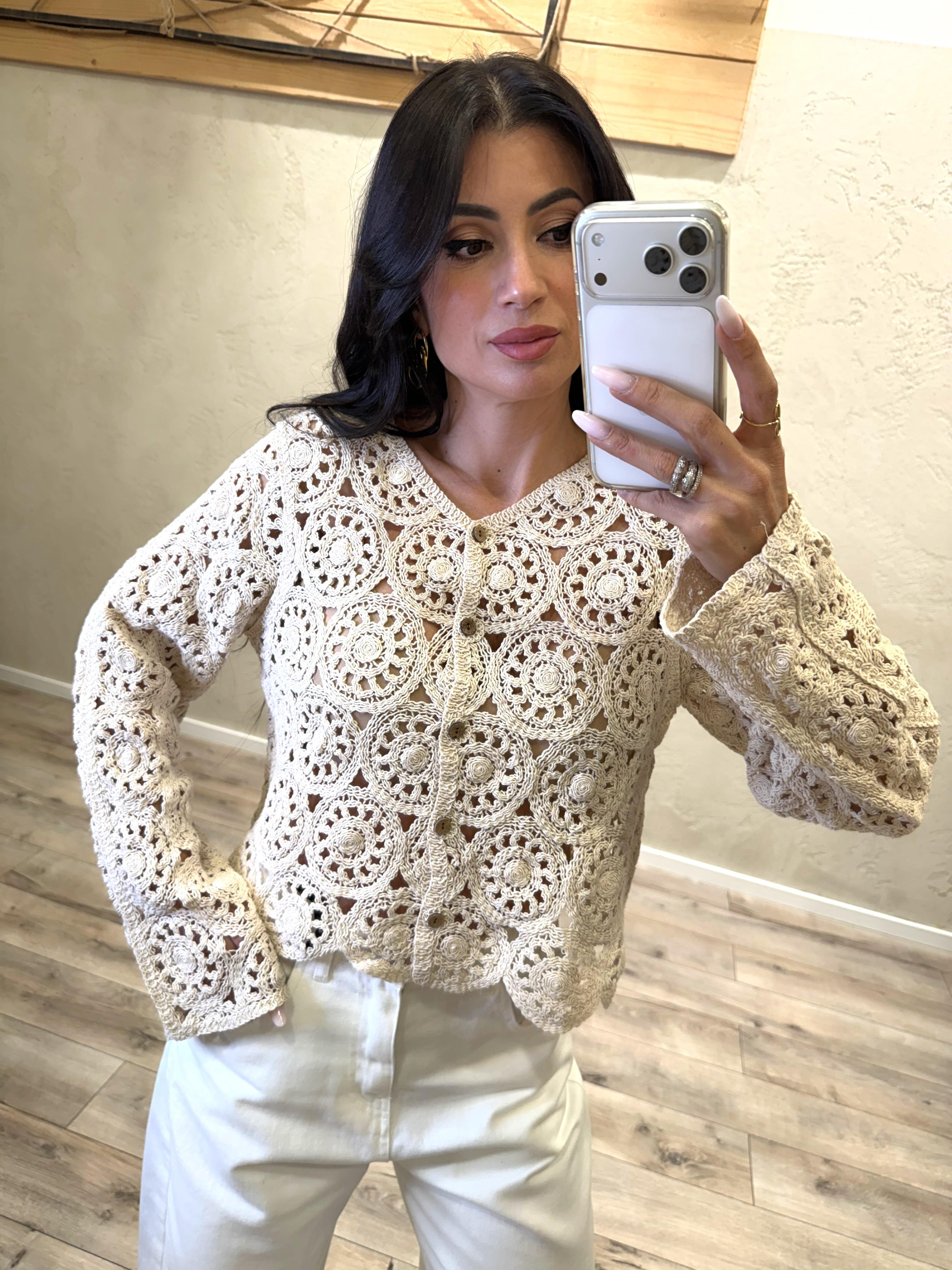 cardigan in crochet con bottoni in legno 2628005 LATTE SUSY MIX 