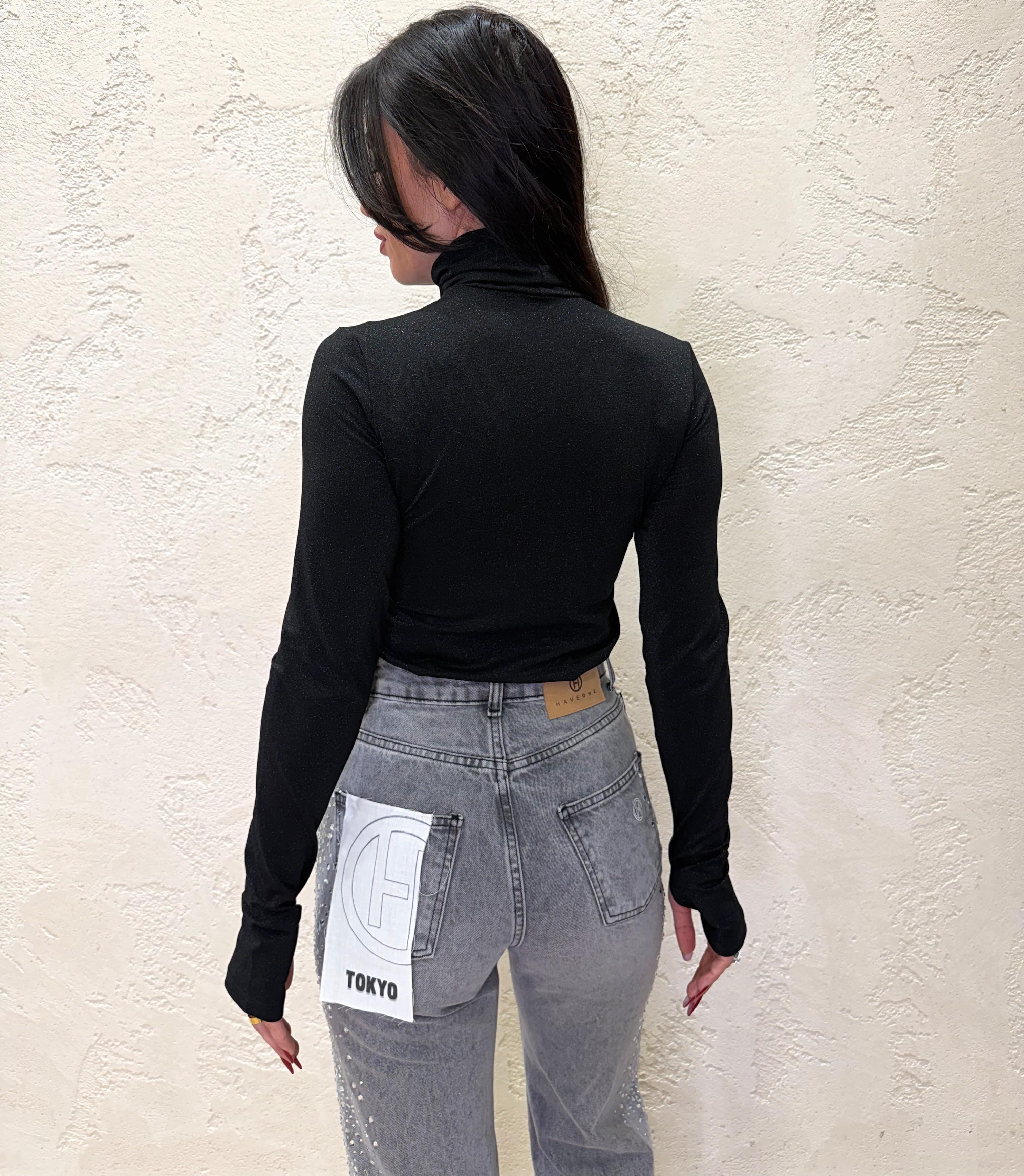 dolcevita con manicotti effetto lurex UF0219 NERO VICOLO 