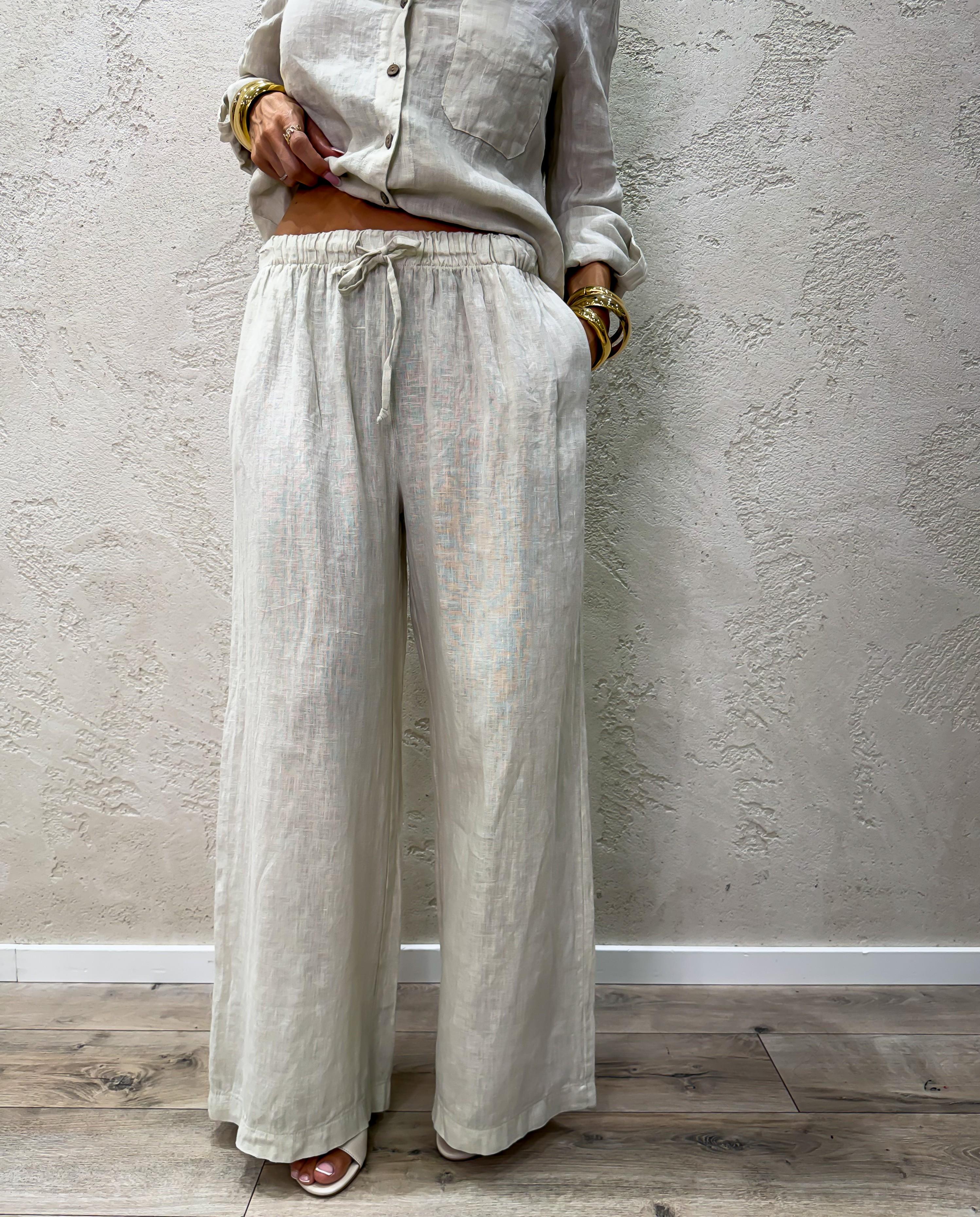 pantalone "ARIA" a palazzo in 100% lino H5944 BEIGE ELEVI 