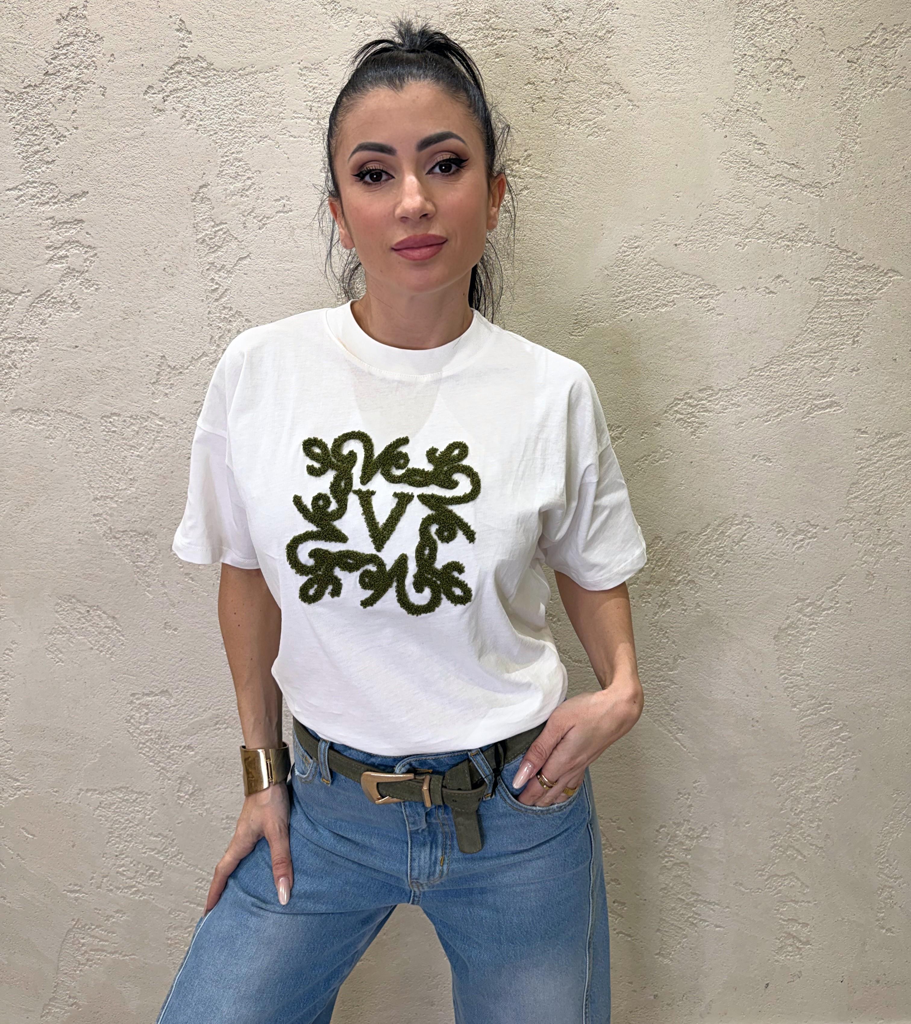 t-shirt over con logo ricamato bouclè RAB0045 BIANCO/VERDE VICOLO 