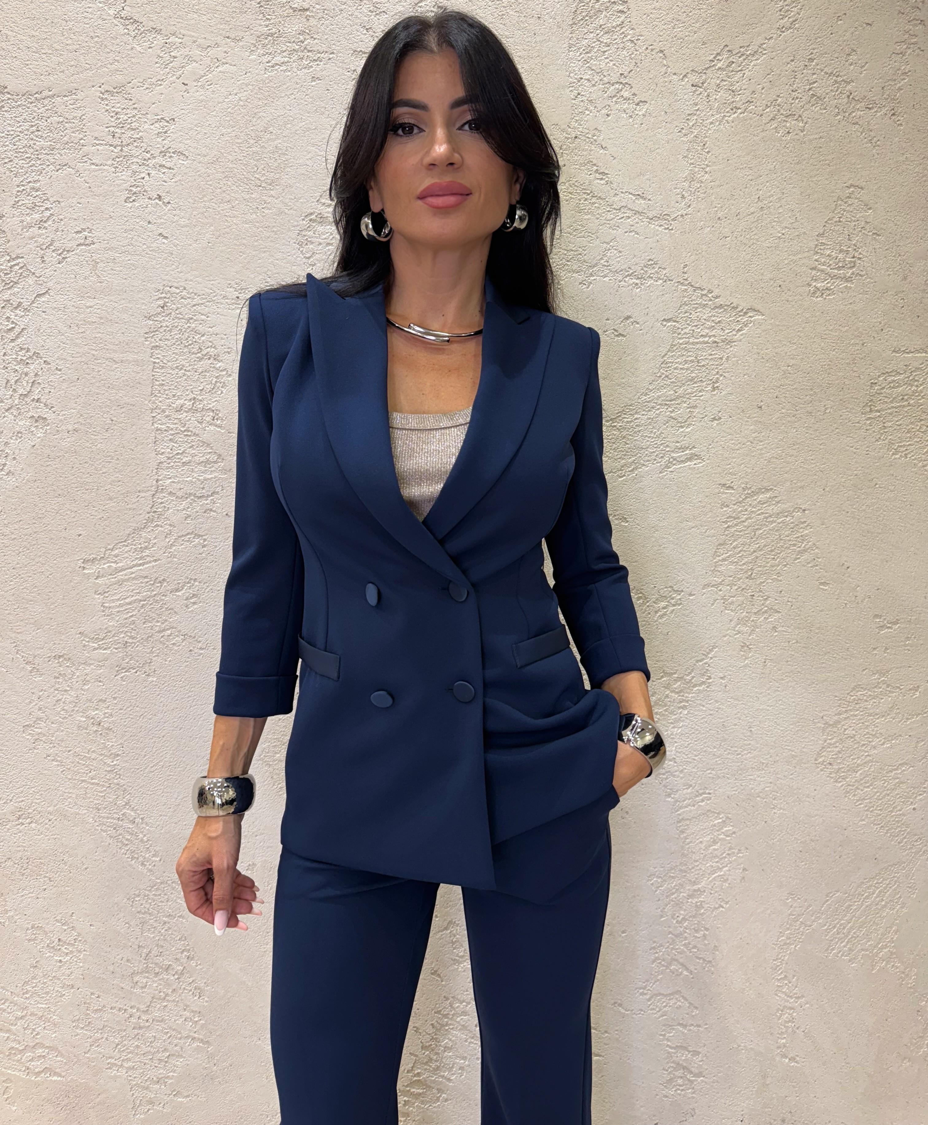 blazer doppiopetto in crepe elasticizzato JU25KAW BLU IMPERIAL 