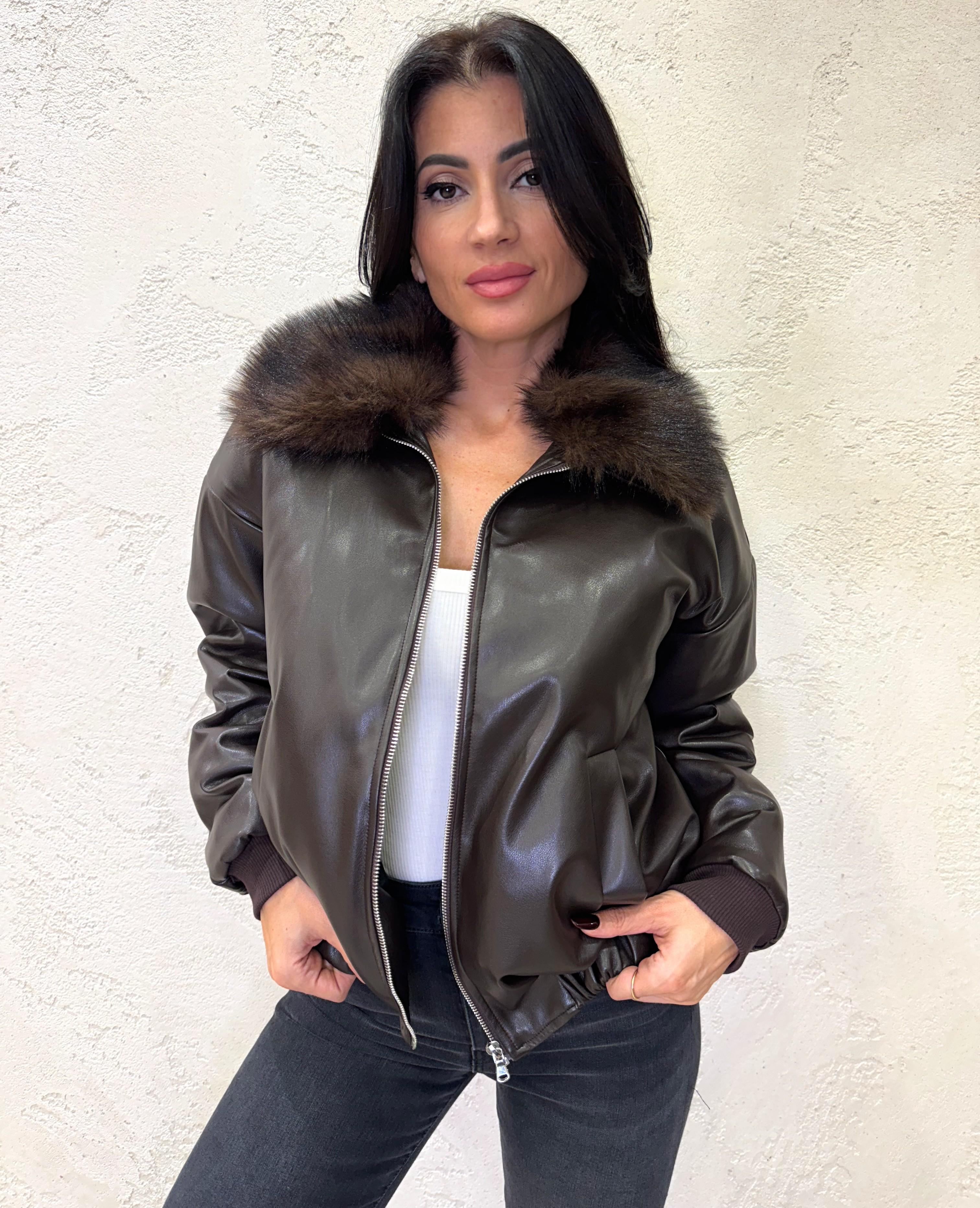 bomber imbottito in ecopelle con collo in pelliccia 514981 MORO SUSY MIX 