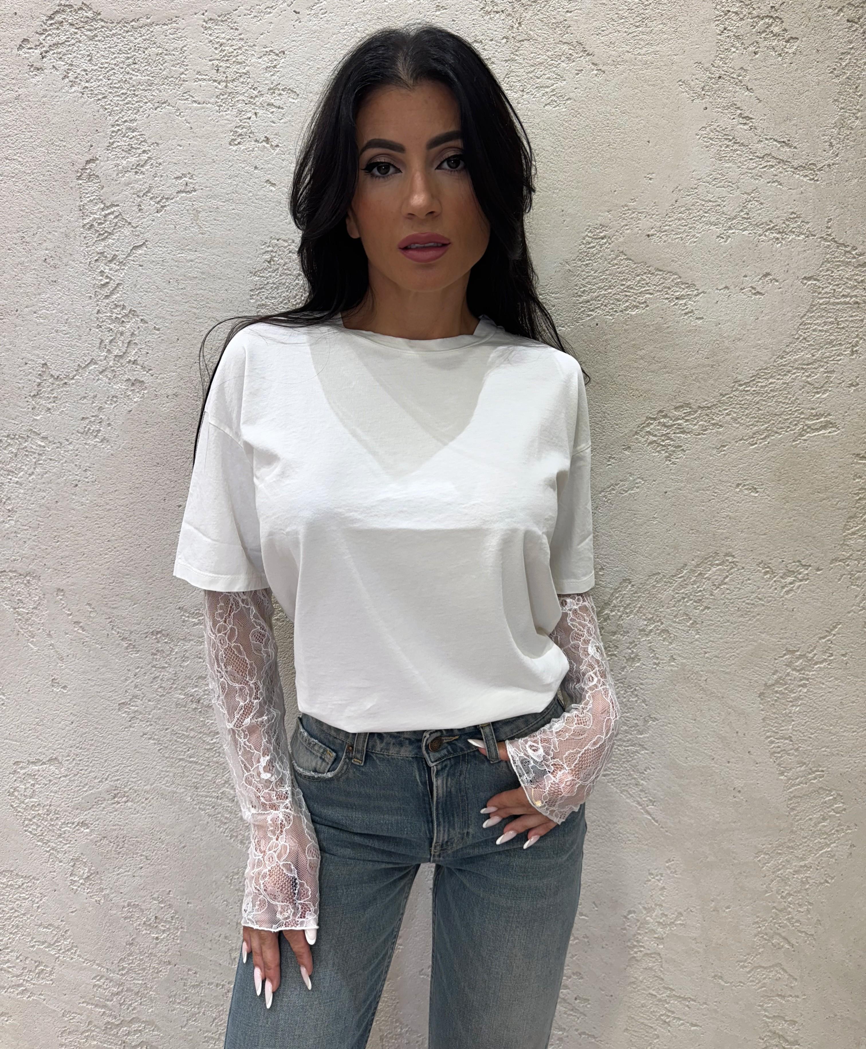 t-shirt con maniche in pizzo 11073 LATTE SUSY MIX 