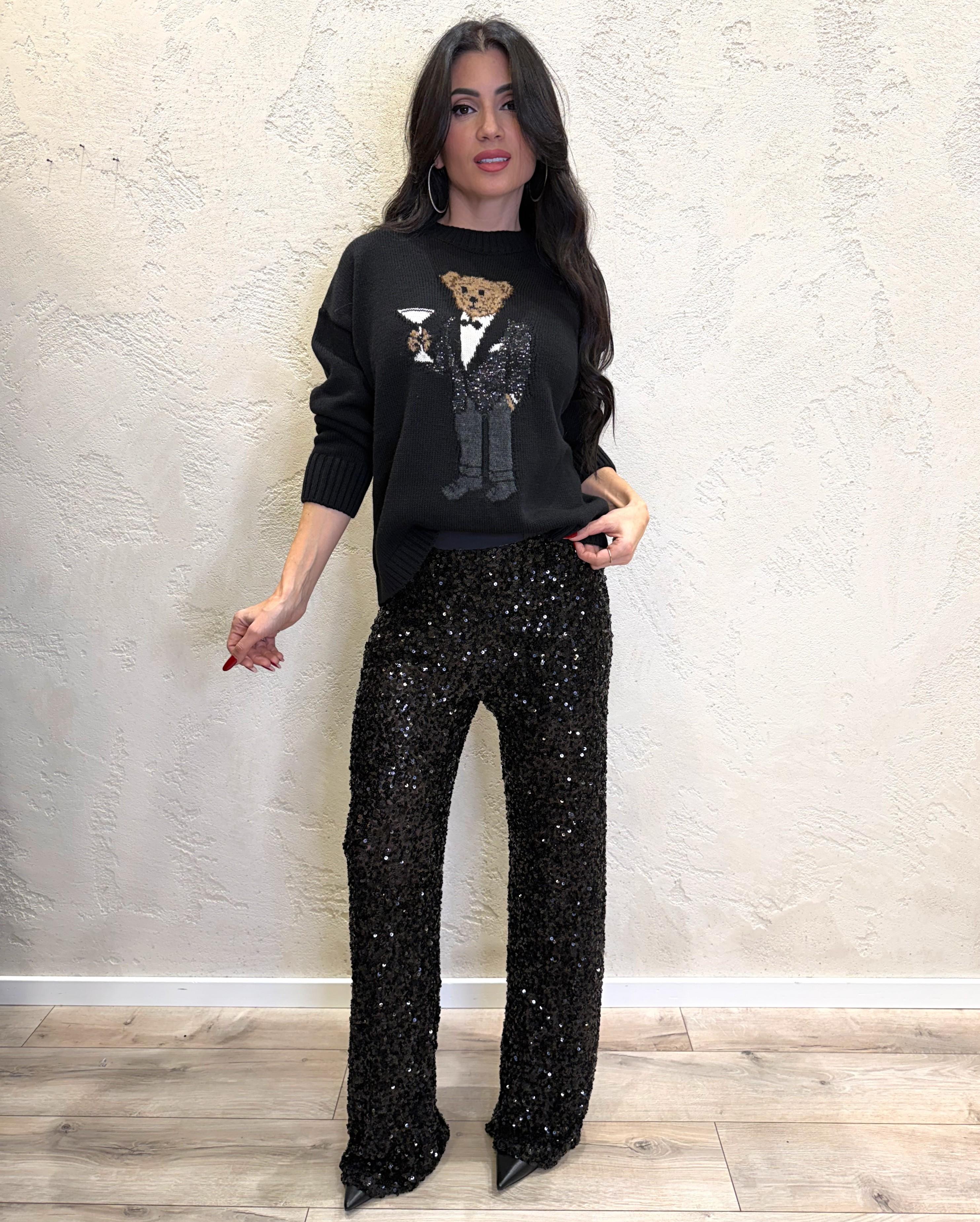 maglioncino con ricamo orso in smoking W5HMJ59A4000R NERO TENSIONE IN 