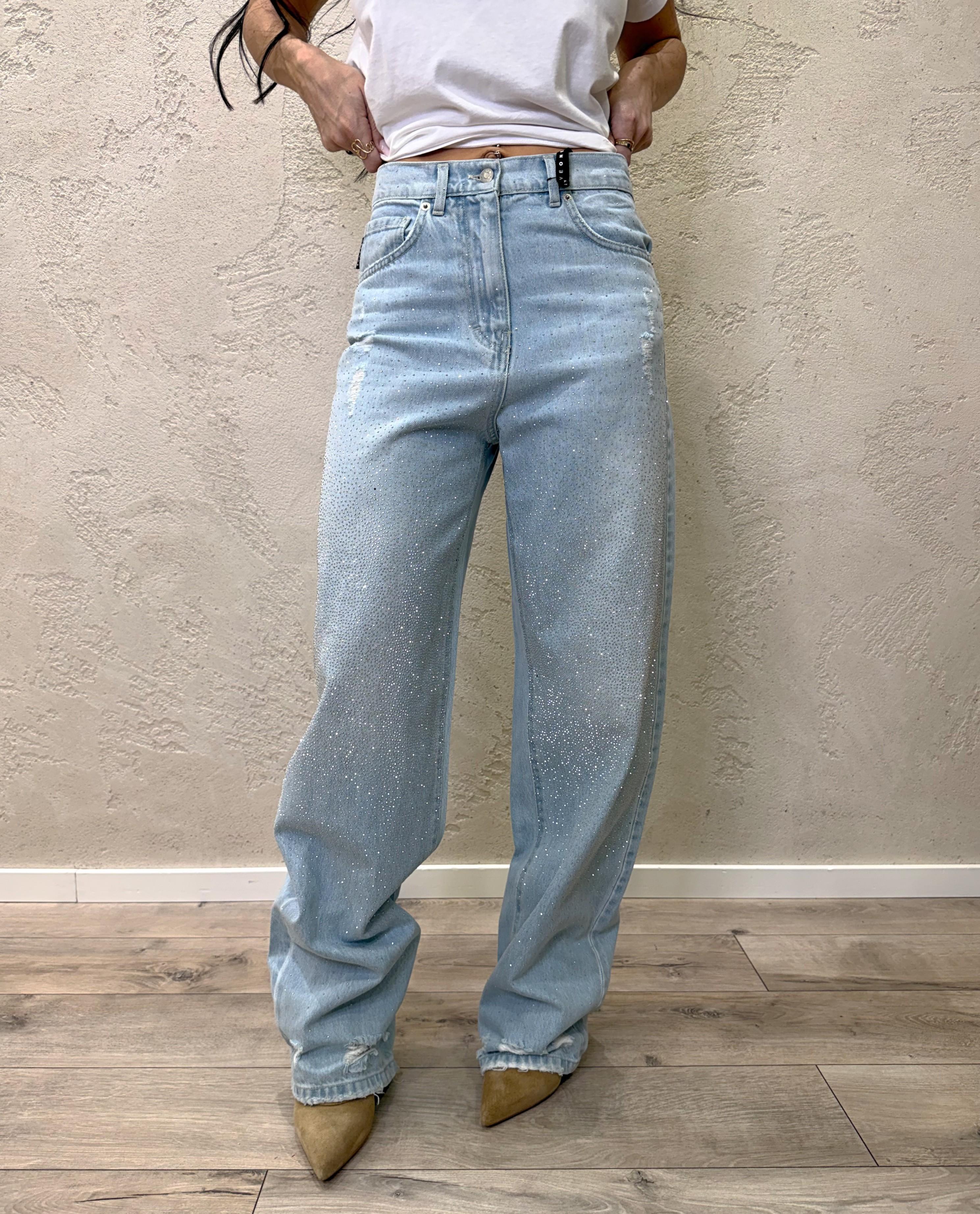 jeans modello stella in tela ferma a gamba dritta con strass PLS-Q041 DENIM CHIARO HAVEONE 