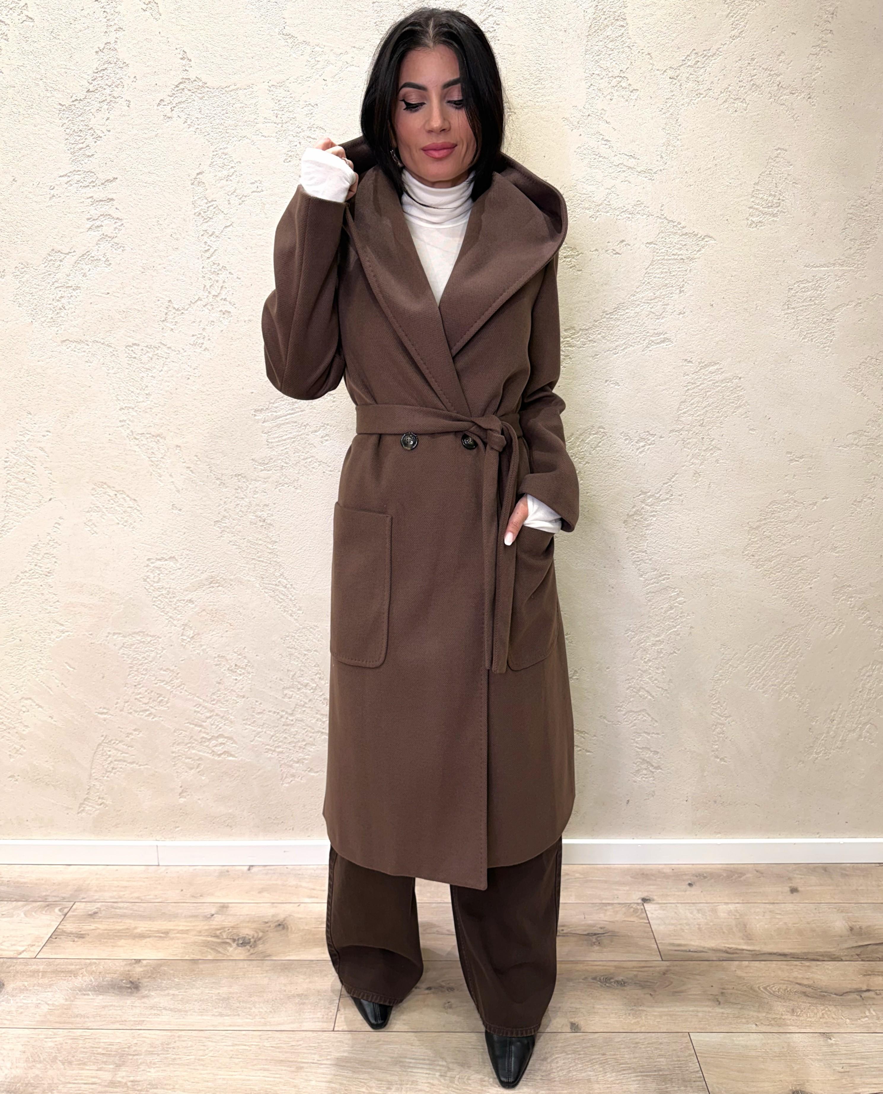 cappotto lungo doppio petto con cappuccio e cintura 9999MRKAI25 CIOCCOLATO TENSIONE IN 