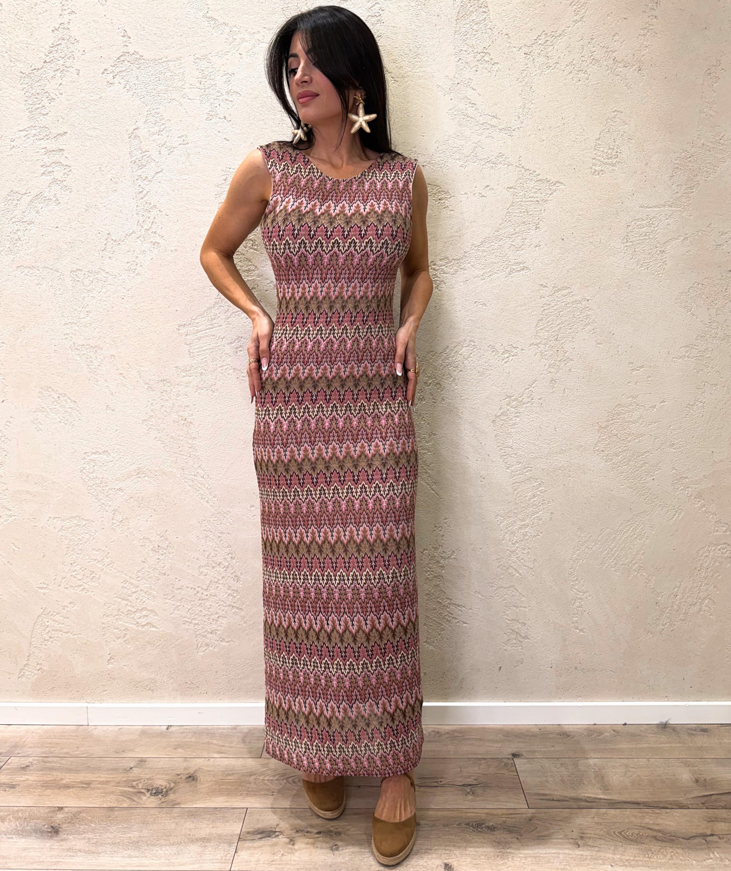abito lungo in fantasia missoni con schiena scoperta C73726 ROSA SUSY MIX 