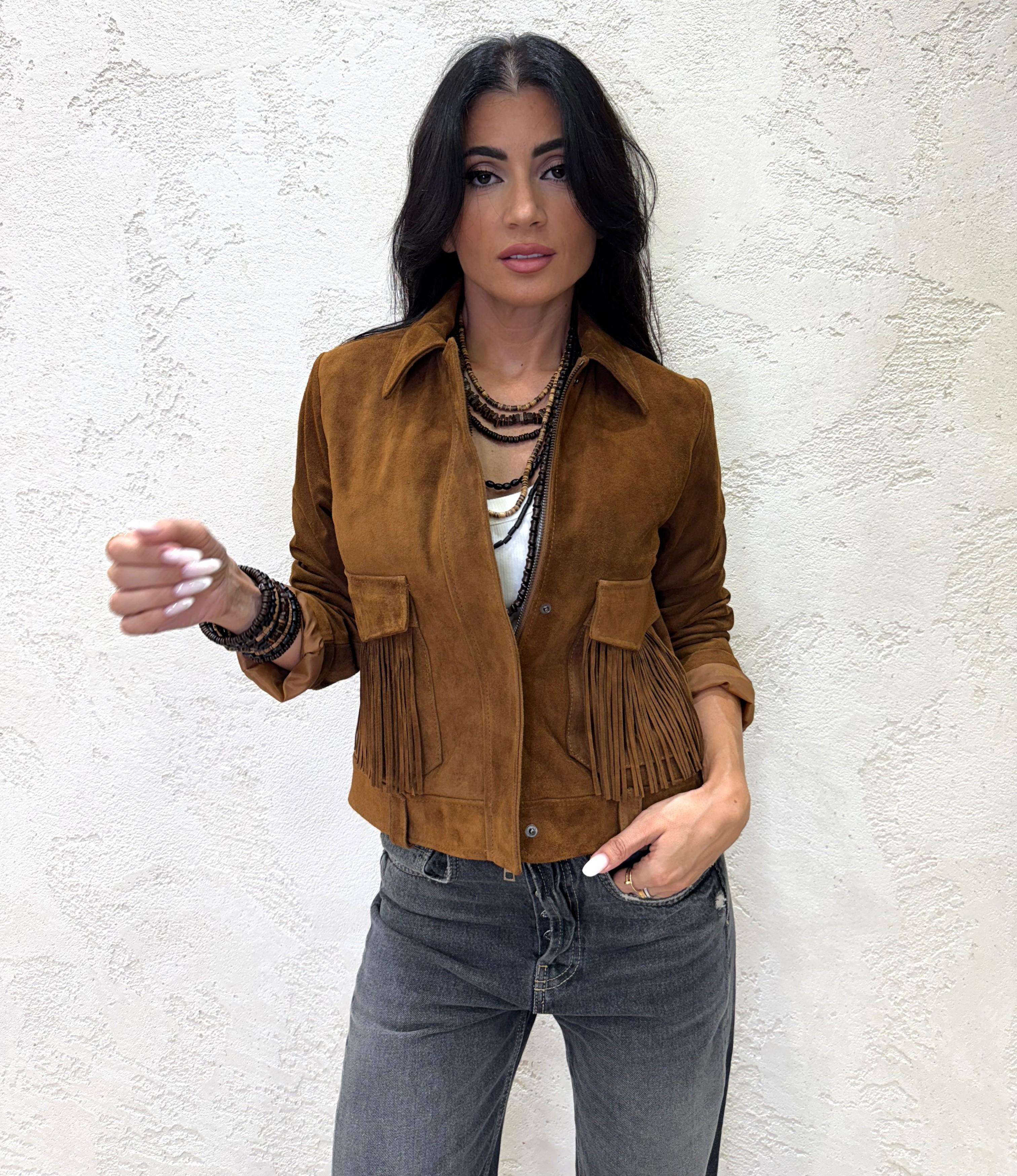 giubbino in vera pelle scamosciata con frange TF0328 COGNAC VICOLO 