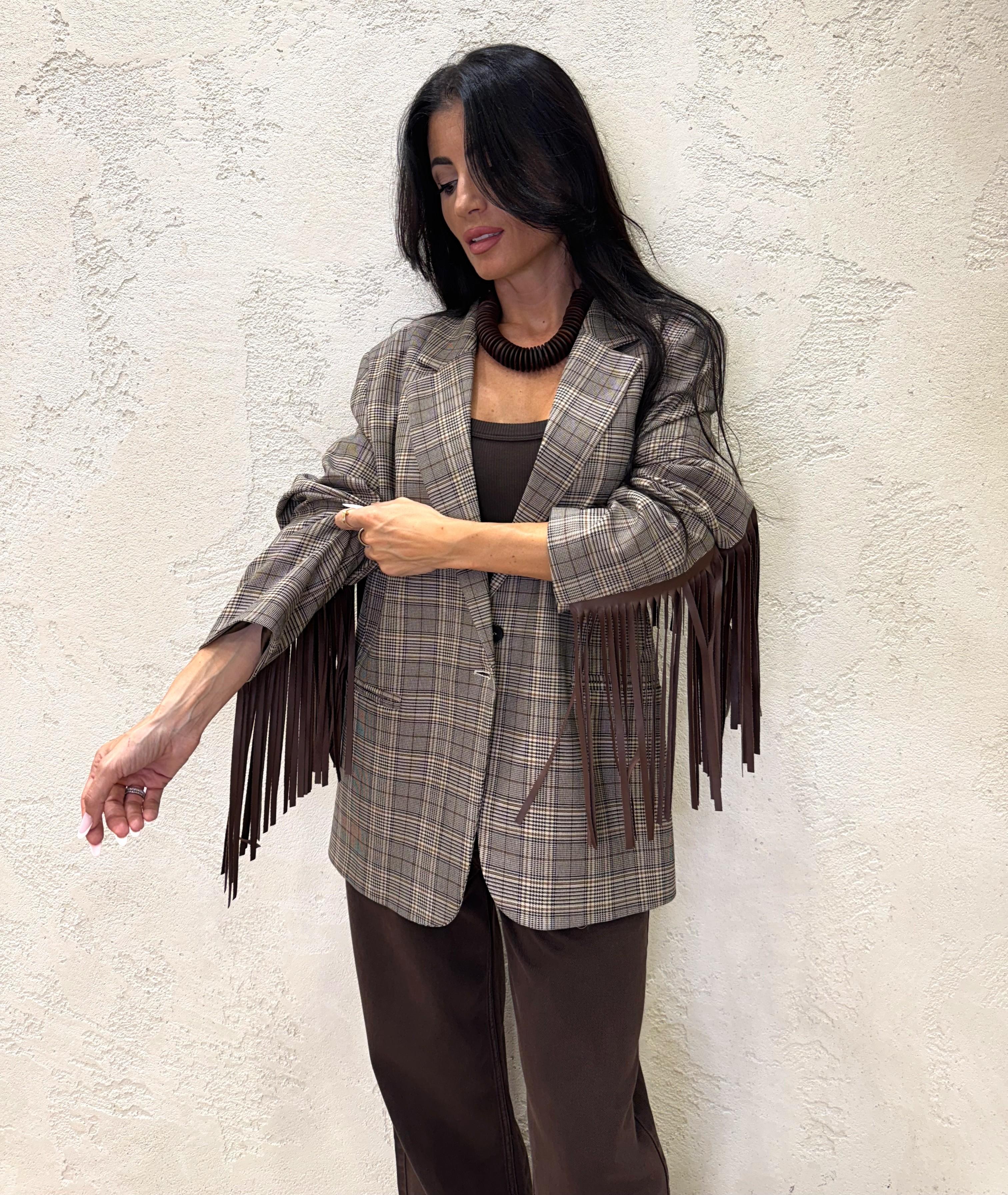 blazer over in check con frange TF0740 MARRONE VICOLO 