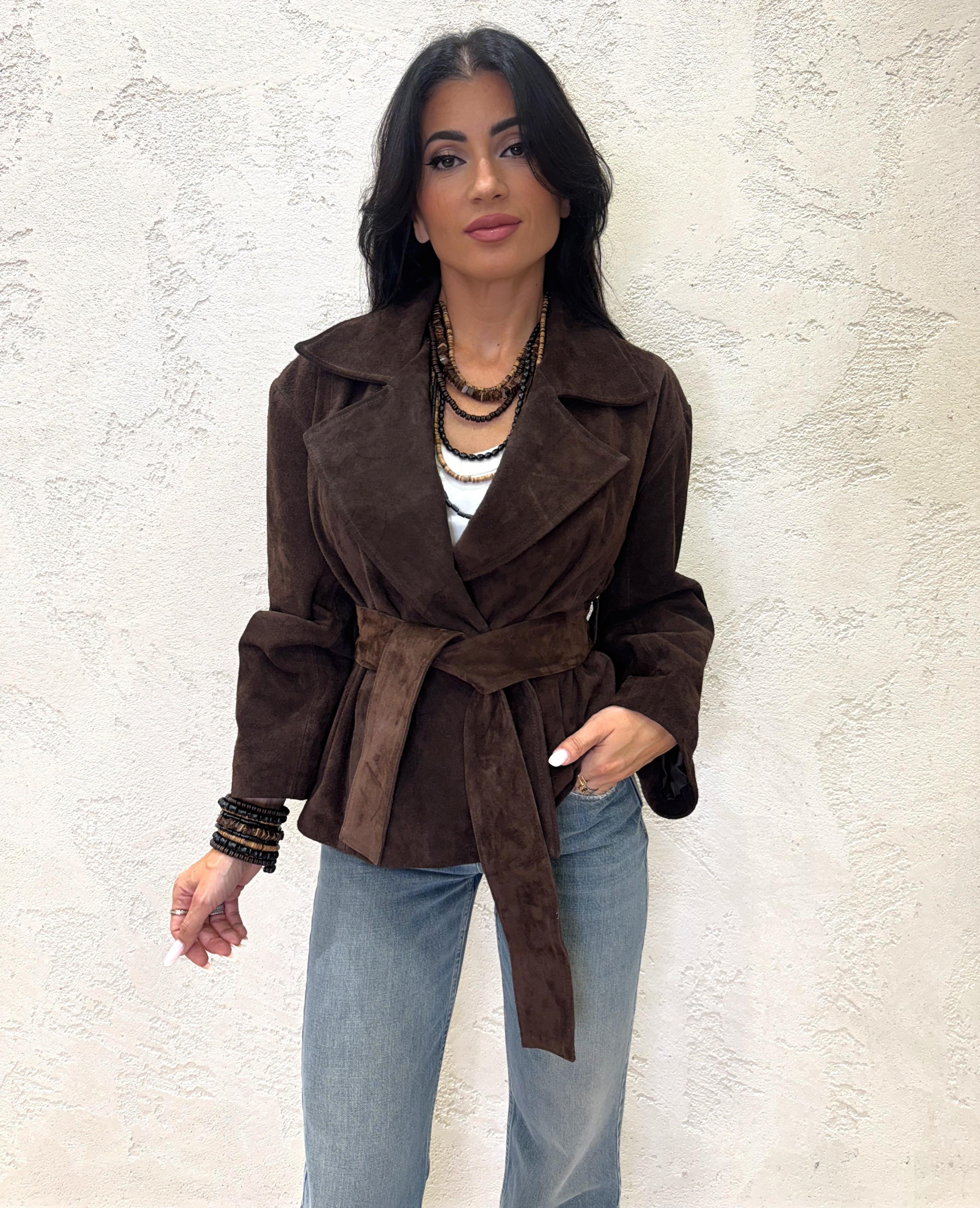 giubbino in vera pelle scamosciata con cintura TF0269 MORO VICOLO 