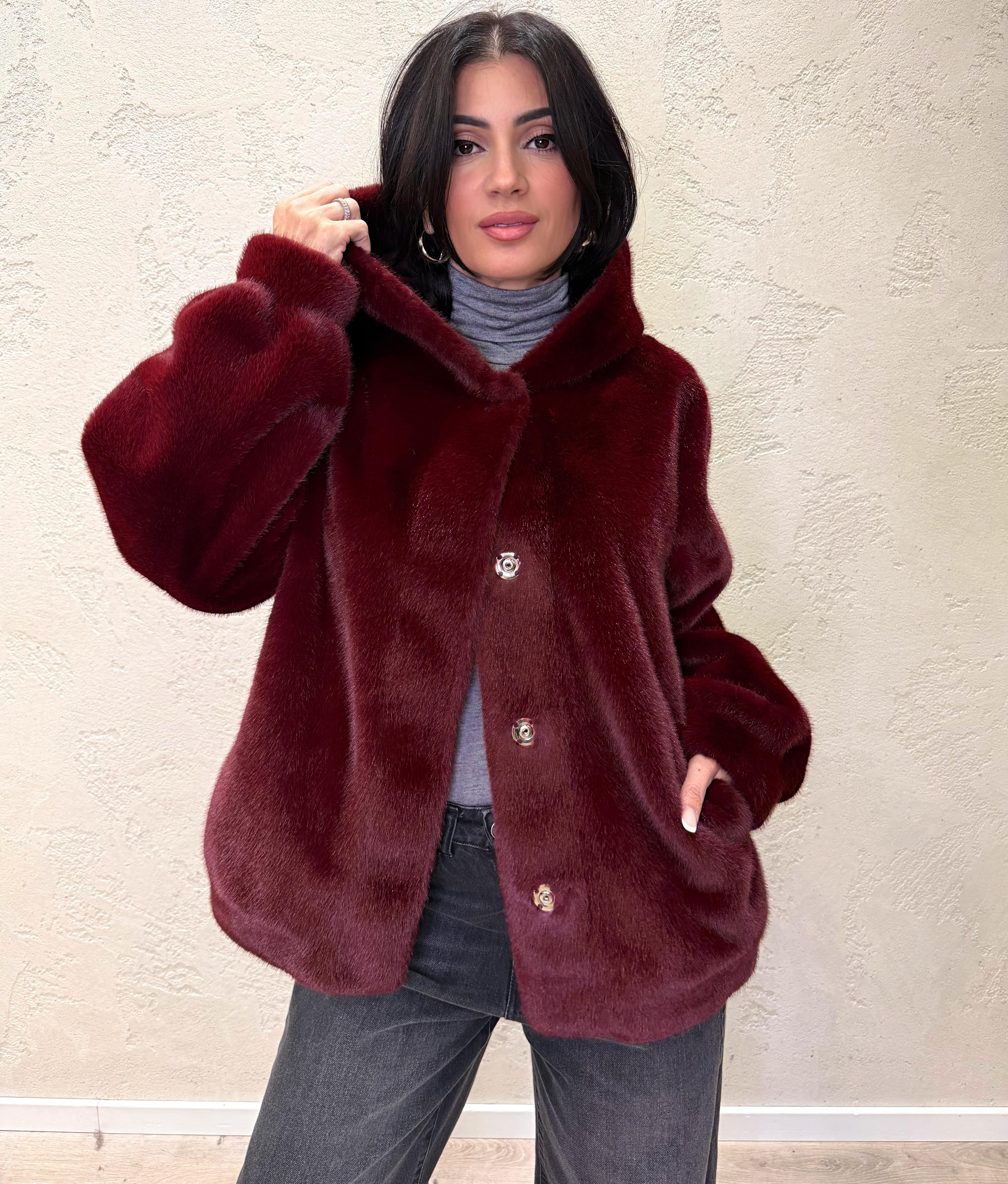 ecopelliccia pelo raso con cappuccio KDY-P034 BORDEAUX HAVEONE 