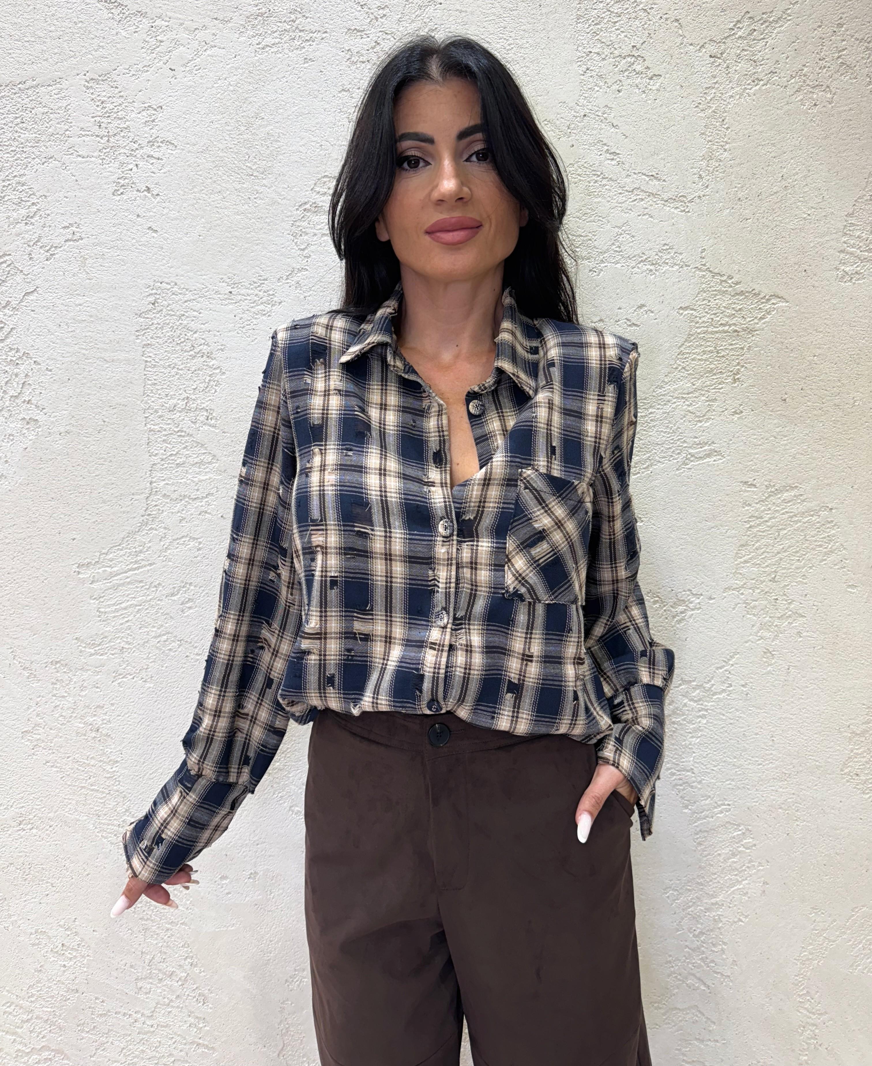 camicia a quadri con strappi Y1138AI14 BEIGE SUSY MIX 