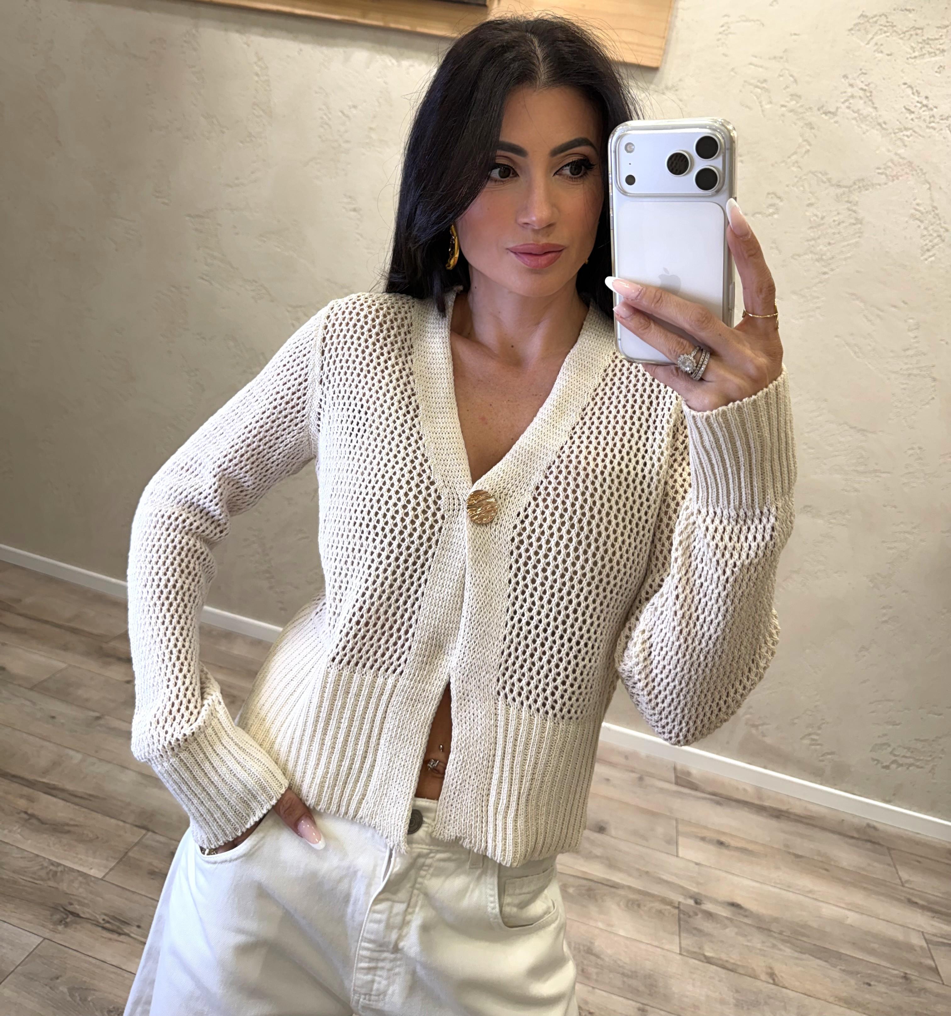 cardigan in maglia traforato con bottone singolo 26216 LATTE SUSY MIX 