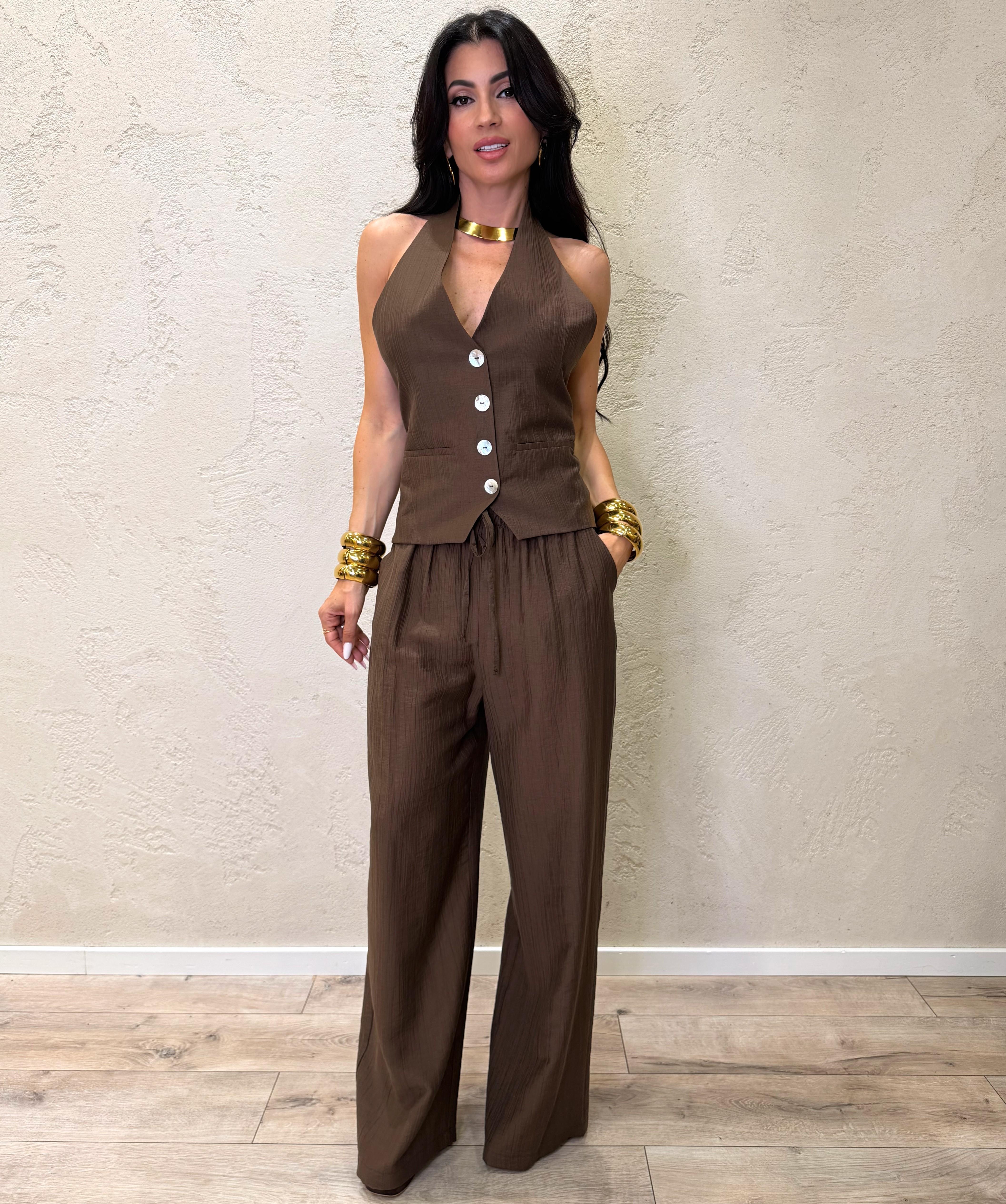 pantalone morbido a palazzo con cuolisse in vita PIA-Q549 MORO HAVEONE 